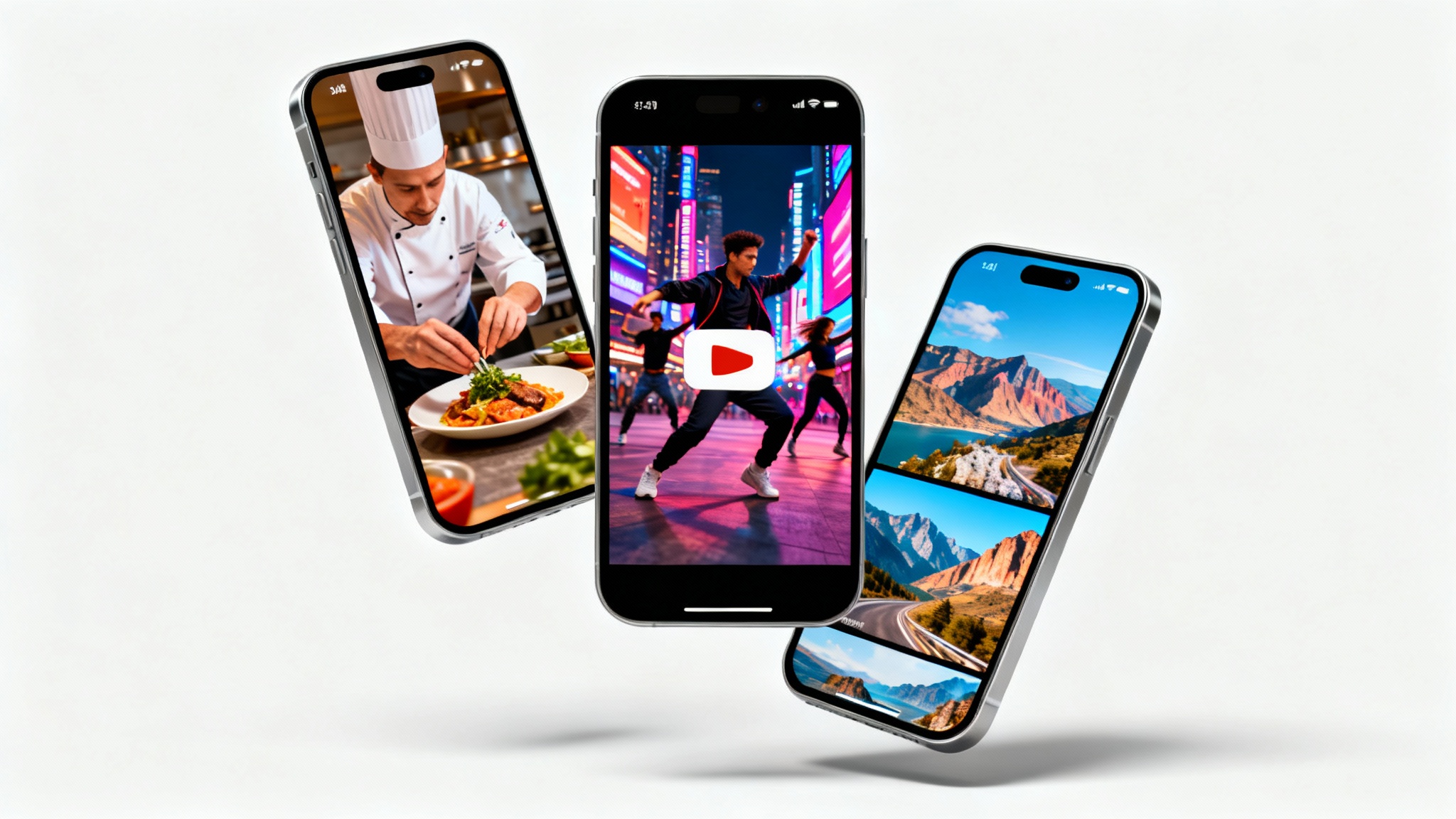 A mockup for a YouTube Shorts editor, featuring three smartphones arranged in a cascade against a white background. Each phone displays a different vibrant video: a cooking clip, a dance clip, and a travel clip.