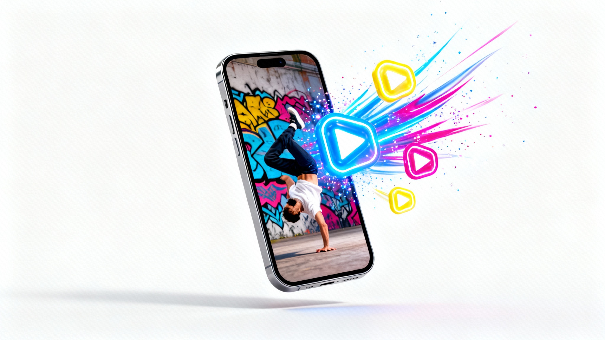 A modern smartphone displaying a still from a breakdancing video, with colorful abstract shapes and icons exploding from the screen, representing the creative process of editing a YouTube Short.