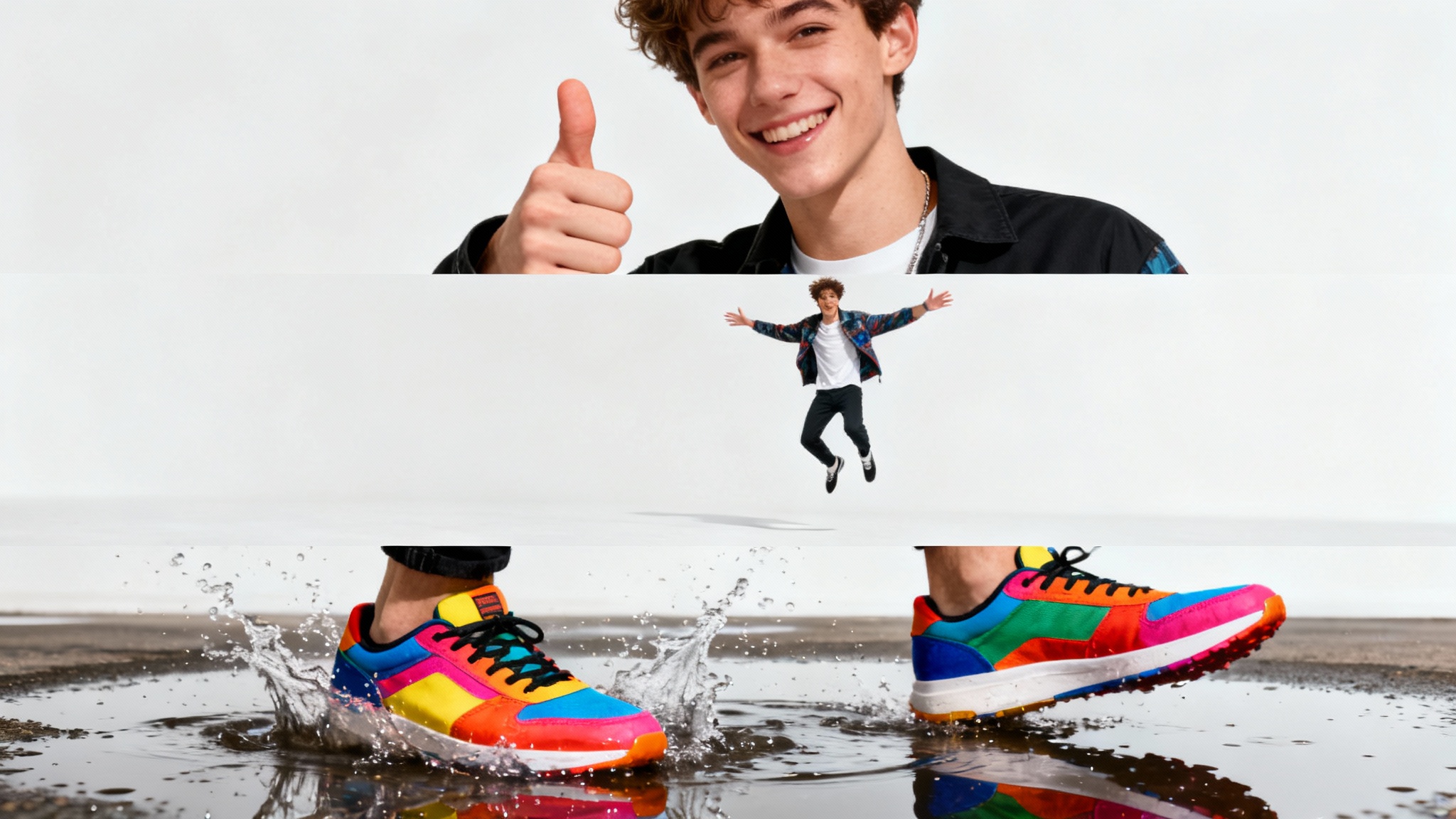 A vertical three-panel image montage depicting a man creating a short video: a close-up of him smiling, a mid-air jump, and a close-up of his sneakers splashing in a puddle, all against a white background.