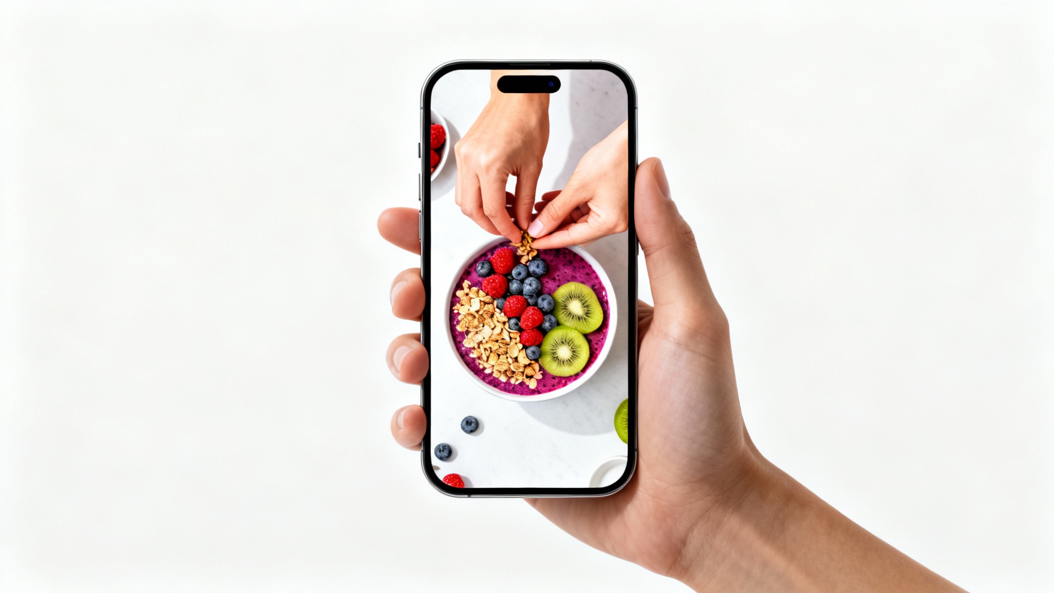A mockup of a hand holding a smartphone against a white background, with the screen showing a vibrant, professional-looking vertical video of a colorful acai bowl being prepared.