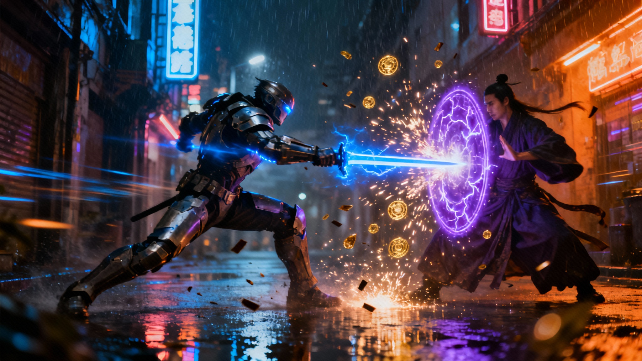 An eye-catching, cinematic fight scene between a futuristic warrior with an energy sword and a mystic with a magic shield, set in a rainy neon-lit city.