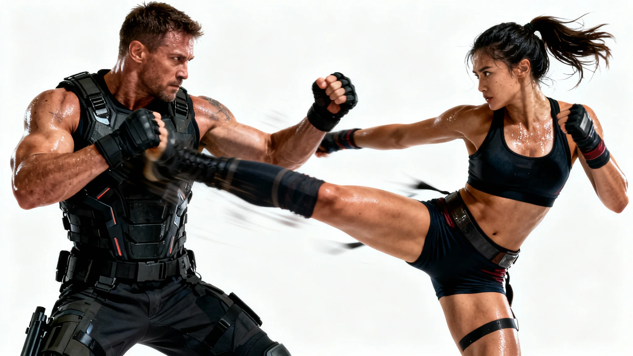 A photorealistic mockup of an intense fight scene, showing a man in tactical gear blocking a kick from a woman in athletic wear, isolated against a solid white background.