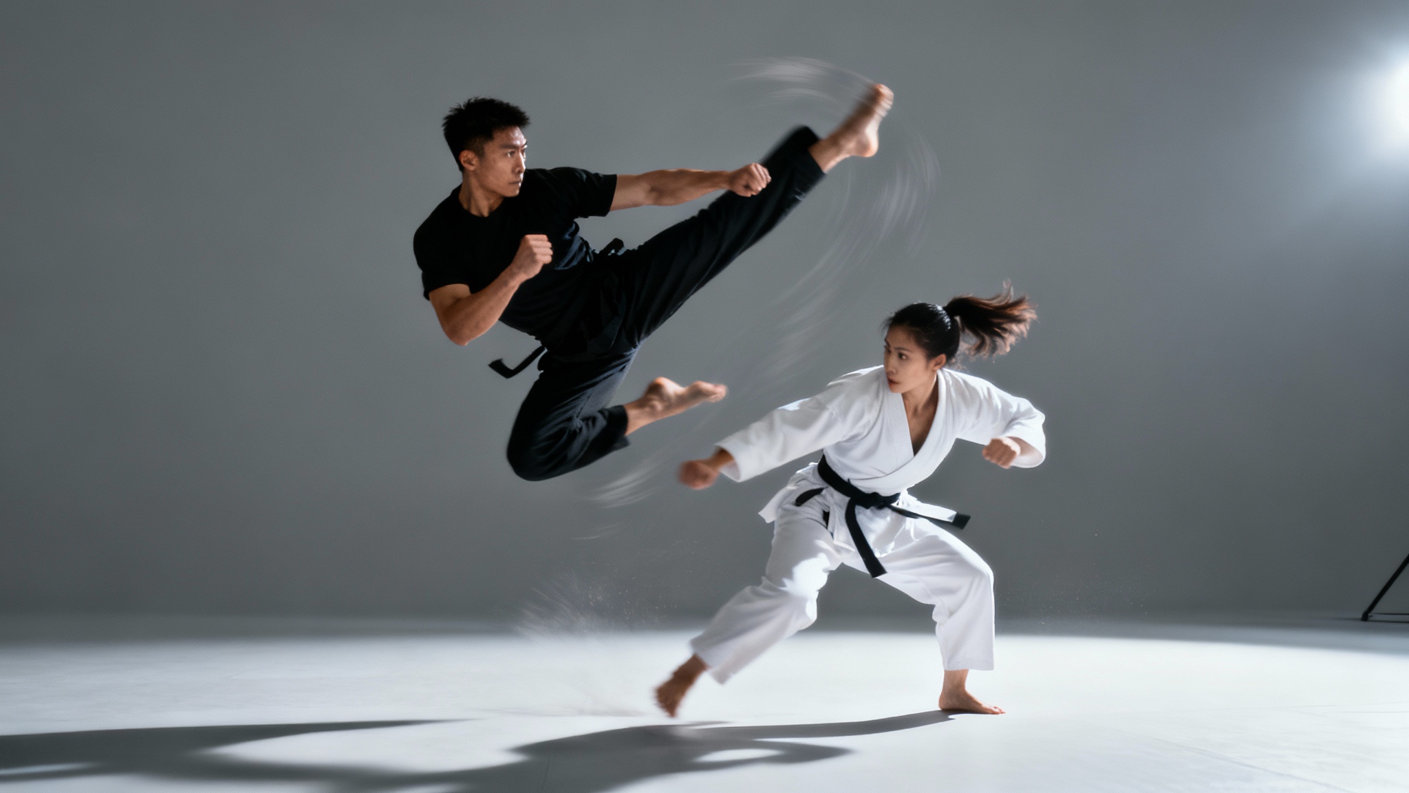 A cinematic, hyper-realistic photo of two martial artists in a fight. A man in black executes a powerful spinning kick in mid-air as a woman in white gracefully dodges underneath it against a minimalist gray studio background.