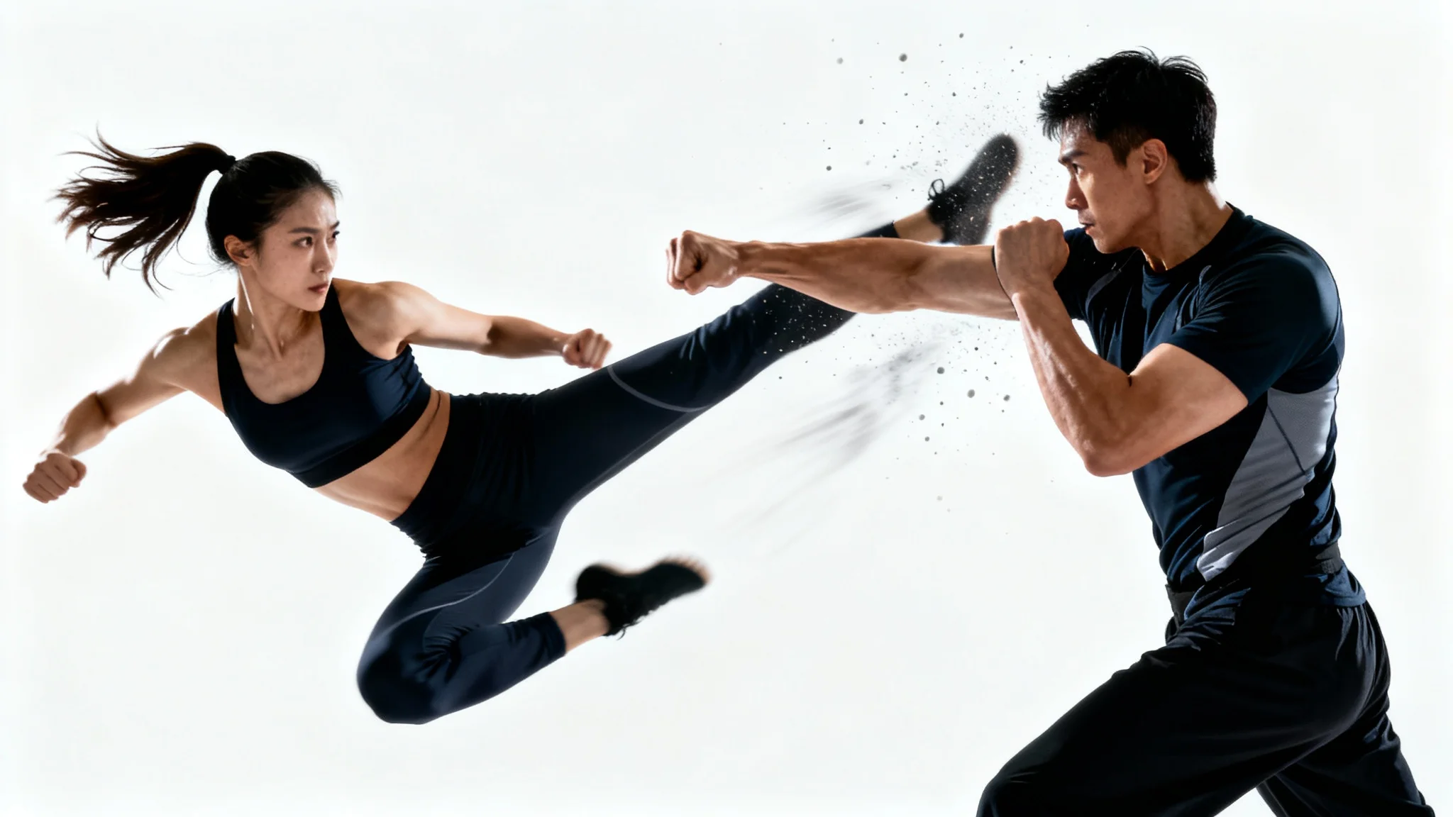 A cinematic mockup of a fight scene, featuring a woman in mid-air performing a flying kick towards a man who is blocking it, all set against a stark white background.