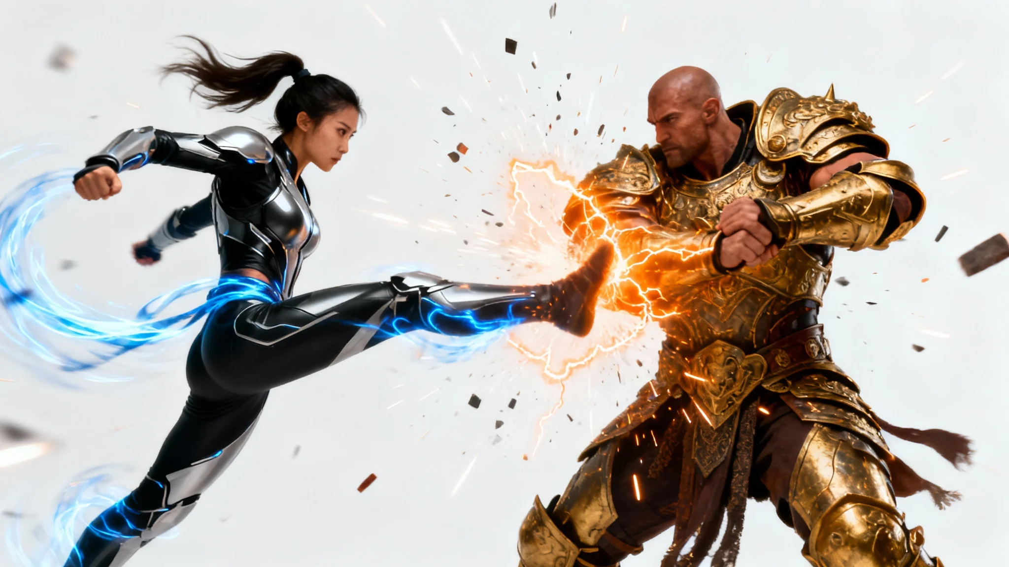 A hyper-realistic concept art illustration of a fight scene, showing a female warrior in futuristic armor kicking a male warrior in golden armor, creating an explosion of energy on a white background.