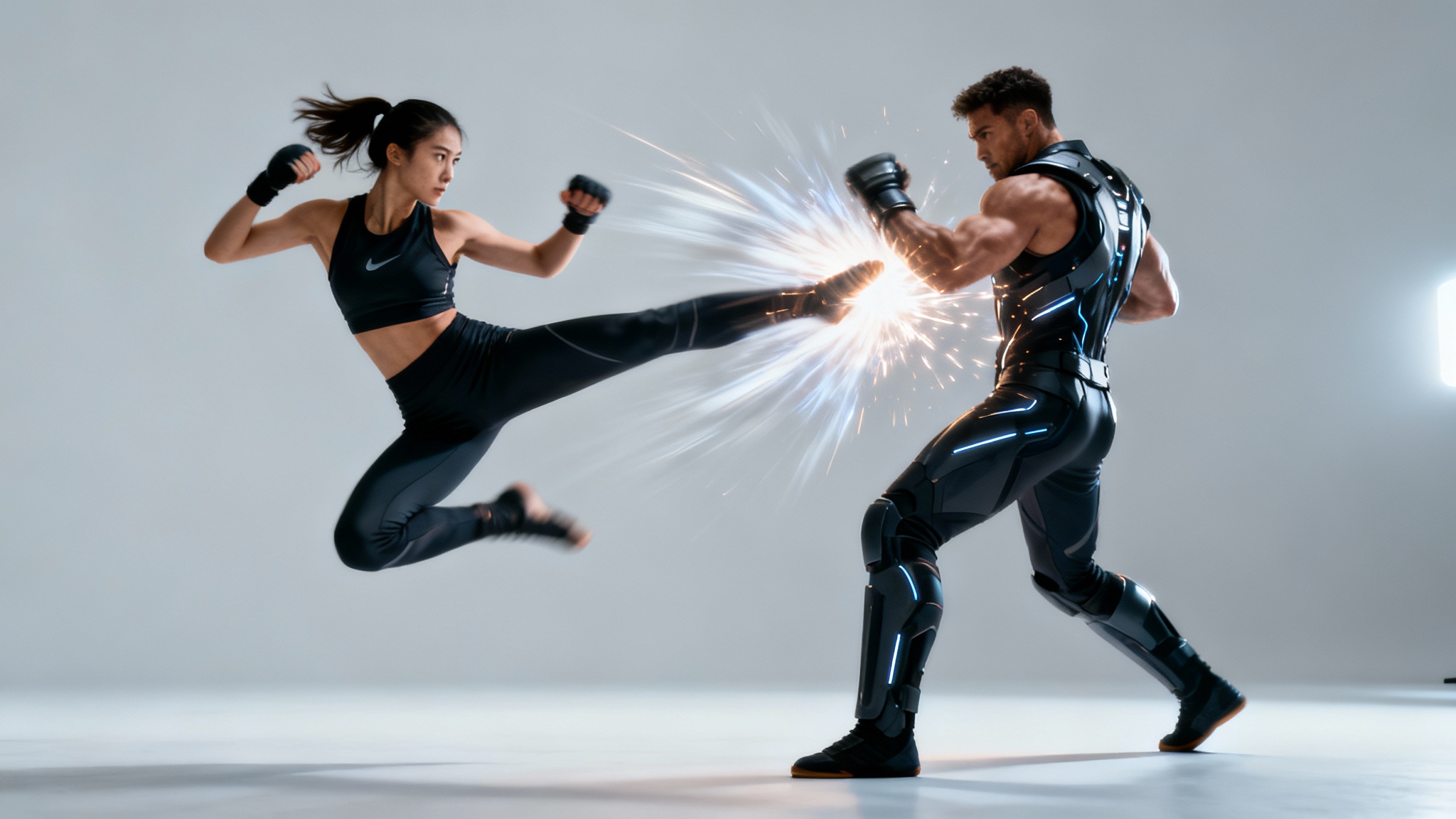 A dynamic, cinematic-style image of two martial artists in the middle of an intense fight, with one delivering a high kick that the other blocks, isolated against a neutral background.