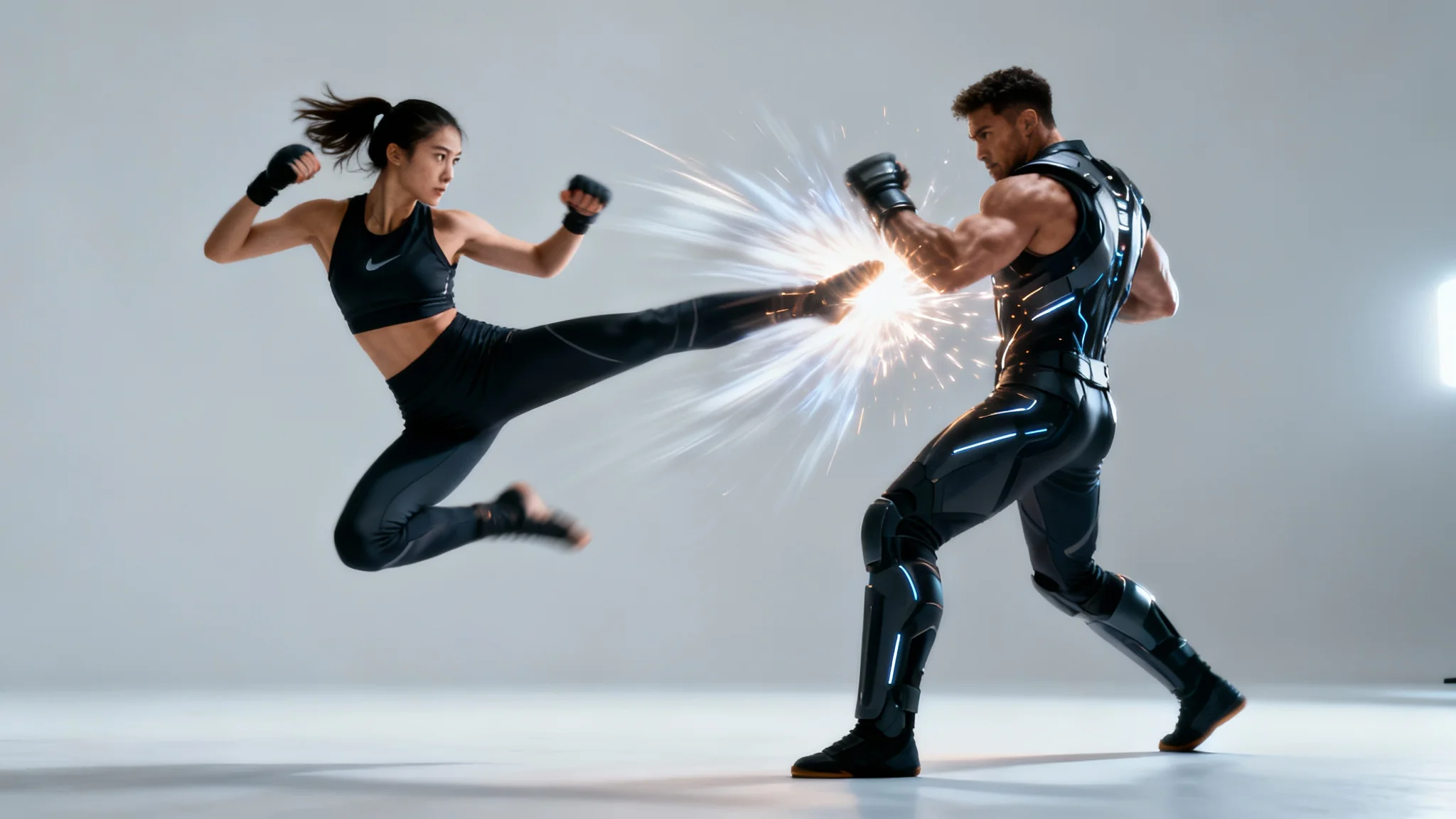 A dynamic, cinematic-style image of two martial artists in the middle of an intense fight, with one delivering a high kick that the other blocks, isolated against a neutral background.