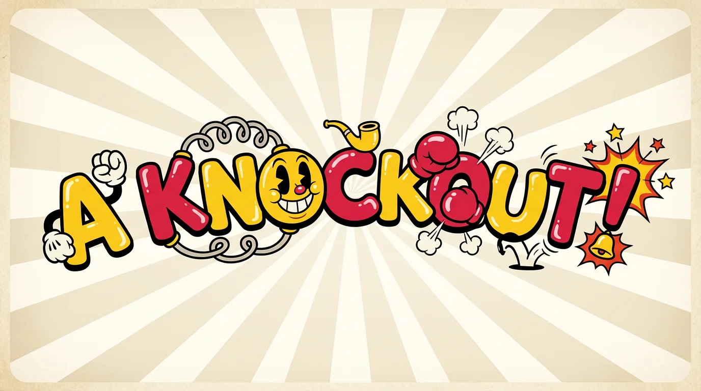 The phrase 'A KNOCKOUT!' is displayed in the vibrant, 1930s cartoon style of the game Cuphead, with bold, glossy letters on a vintage sunburst background.