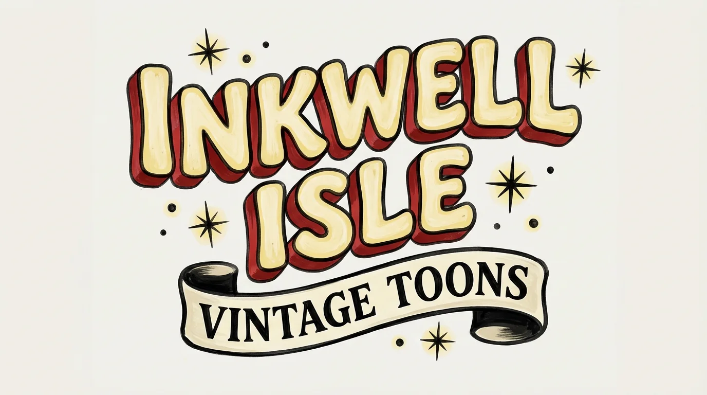 A text design mockup in the 1930s rubber hose cartoon style. The text reads 'INKWELL ISLE' in large, 3D yellow and red letters, with 'VINTAGE TOONS' on a banner below, all on a clean off-white background.