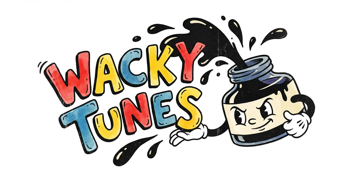 An illustration in the 1930s Cuphead art style featuring the text 'WACKY TUNES' in a bouncy, cartoonish font. A cartoon inkwell character is splashing ink onto the letters. The image is on a clean white background.