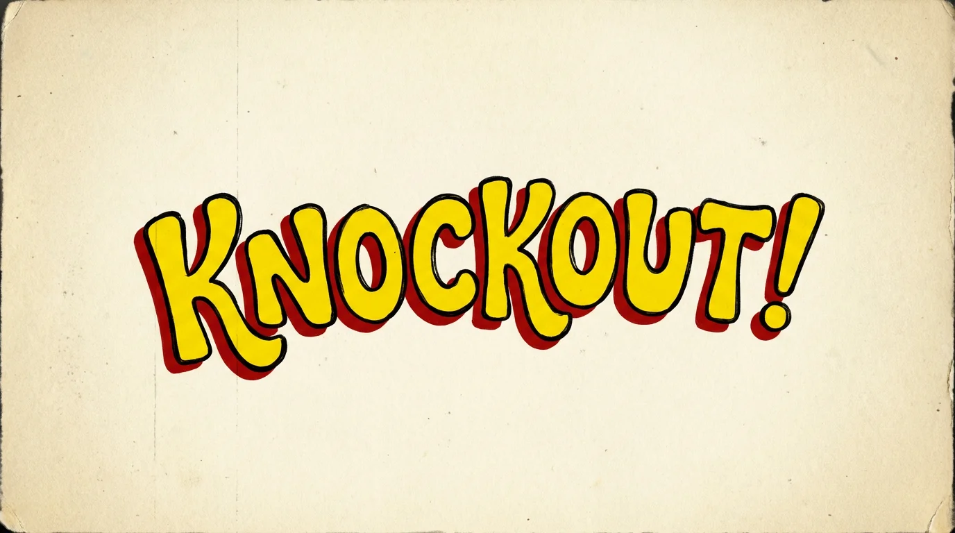A Cuphead-style text graphic mockup showing the word "KNOCKOUT!" in a bouncy, 1930s cartoon font. The letters are yellow with a red shadow, set against a plain white background.