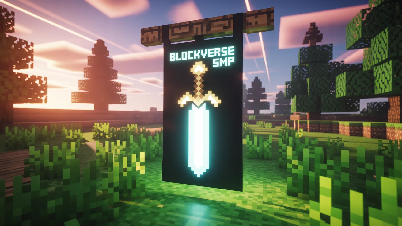A professionally designed Minecraft banner for a server called 'BlockVerse SMP', featuring a pixelated diamond sword, displayed in a beautiful, hyper-realistic Minecraft world at sunset.