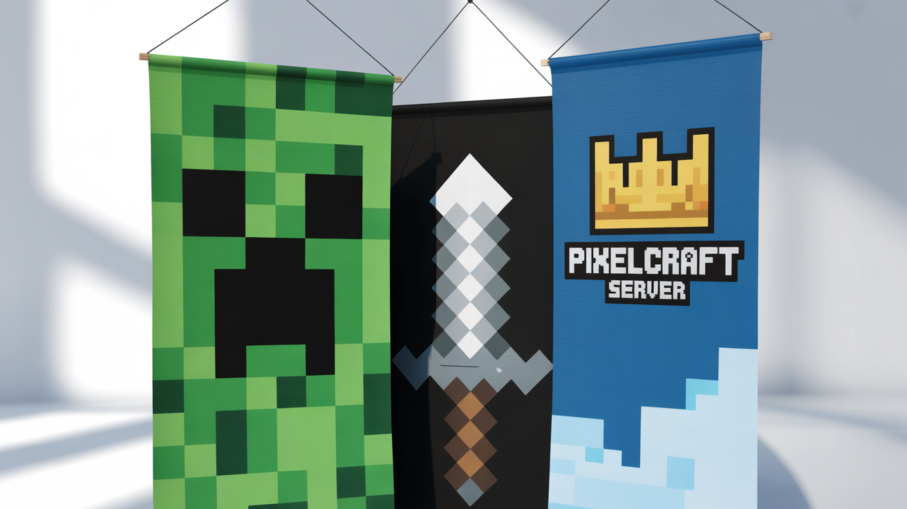 A mockup of three vertical Minecraft-style banners. One features a Creeper face, another a diamond sword, and the third a crown with the text 'PixelCraft Server'.