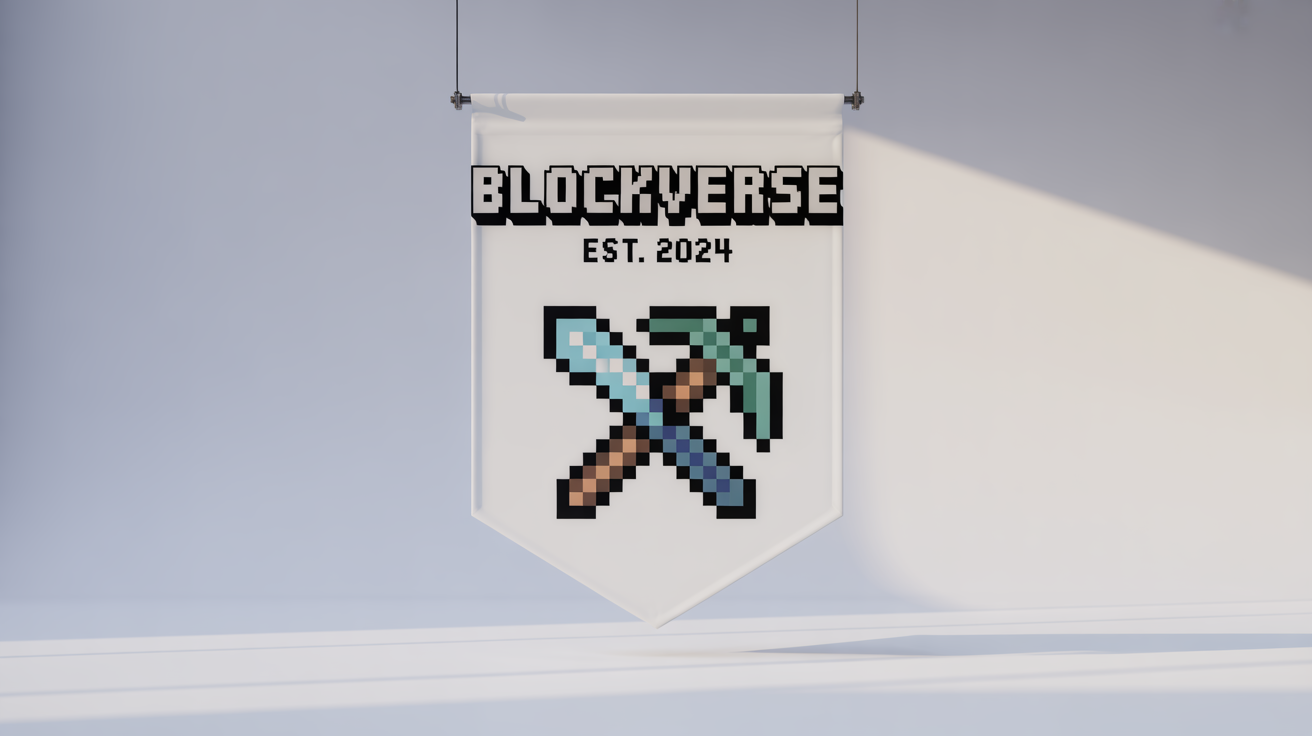 A 3D mockup of a Minecraft-style banner against a white background, featuring a pixel art design of a diamond sword and pickaxe with the text 'BLOCKVERSE' and 'EST. 2024'.