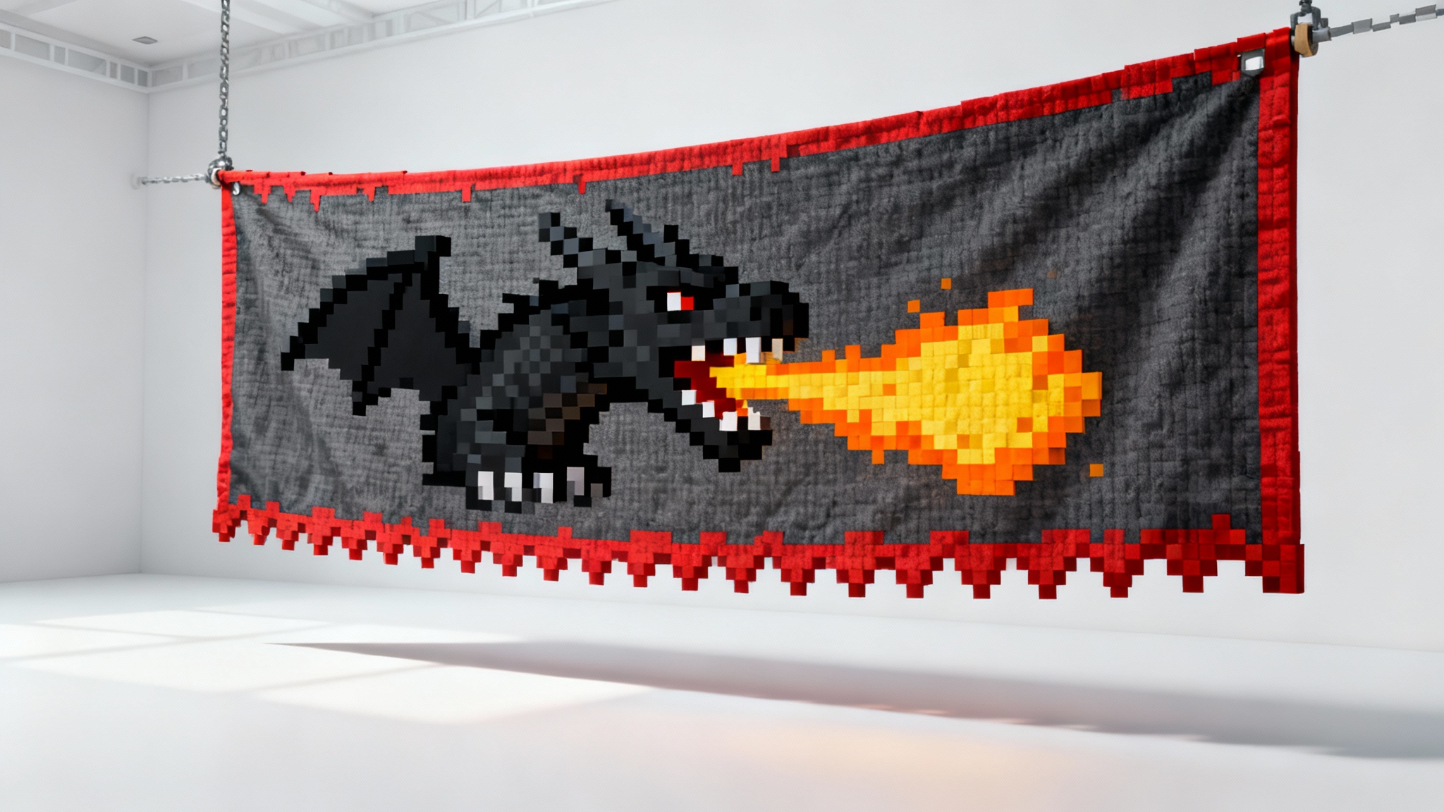 A photorealistic 3D mockup of a custom-designed Minecraft banner featuring a black dragon breathing pixelated fire, set against a clean white background.
