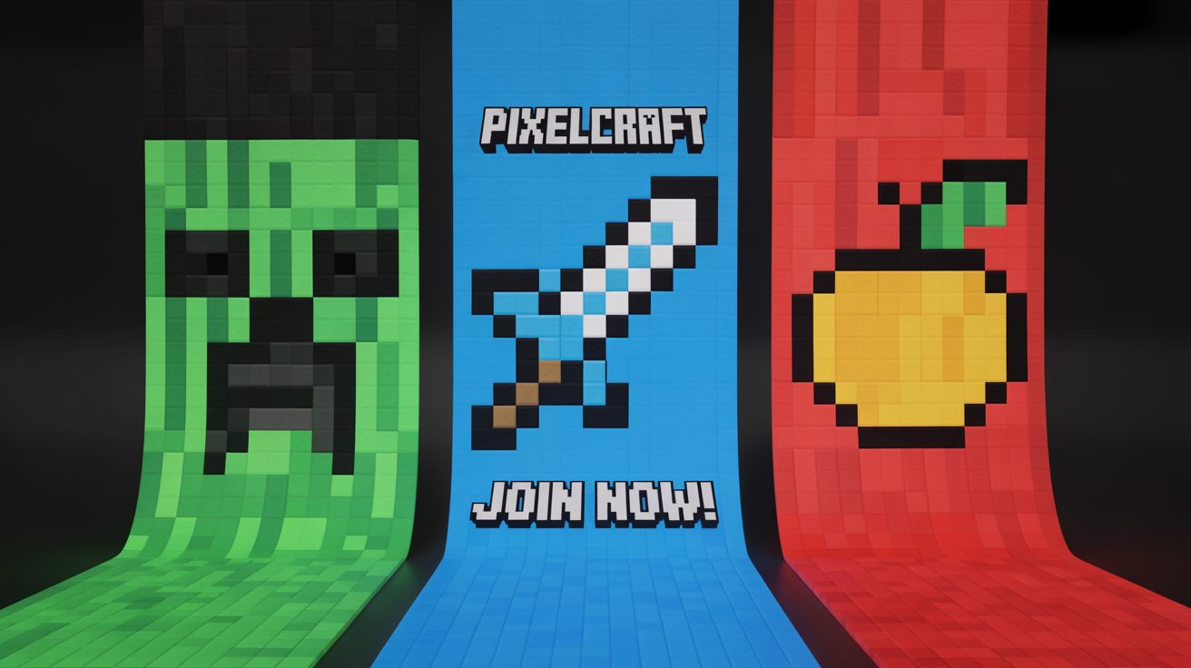A mockup of three Minecraft banner designs on a white background. The banners feature a Creeper face, a diamond sword with the text 'PixelCraft Join Now!', and an enchanted golden apple.