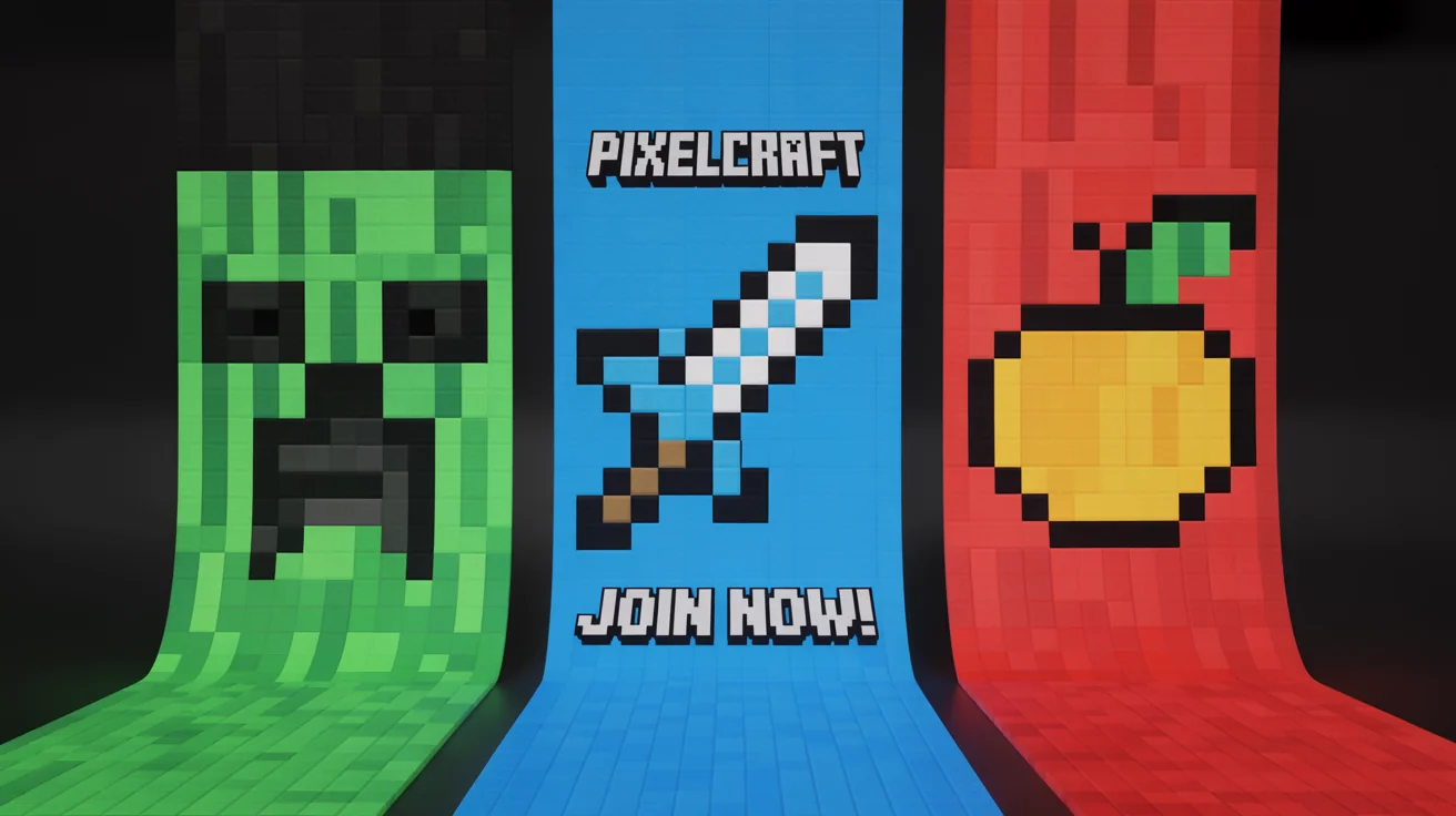 A mockup of three Minecraft banner designs on a white background. The banners feature a Creeper face, a diamond sword with the text 'PixelCraft Join Now!', and an enchanted golden apple.