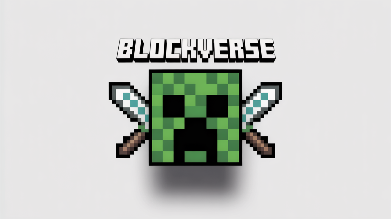 A mockup of a Minecraft-style banner on a white background. The banner features a pixelated Creeper face, two crossed diamond swords, and the fictional server name 'BLOCKVERSE' in a blocky font.