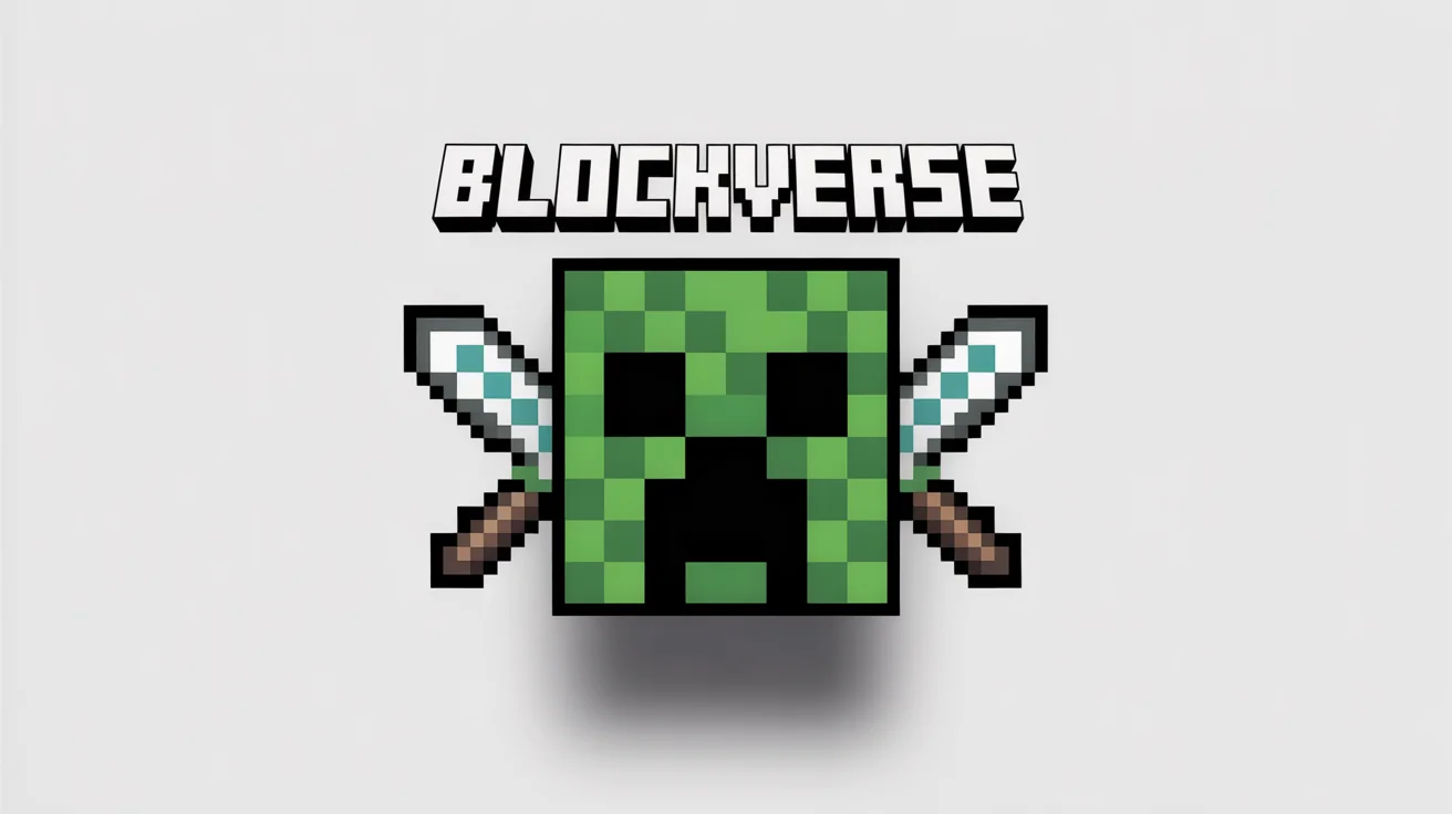 A mockup of a Minecraft-style banner on a white background. The banner features a pixelated Creeper face, two crossed diamond swords, and the fictional server name 'BLOCKVERSE' in a blocky font.