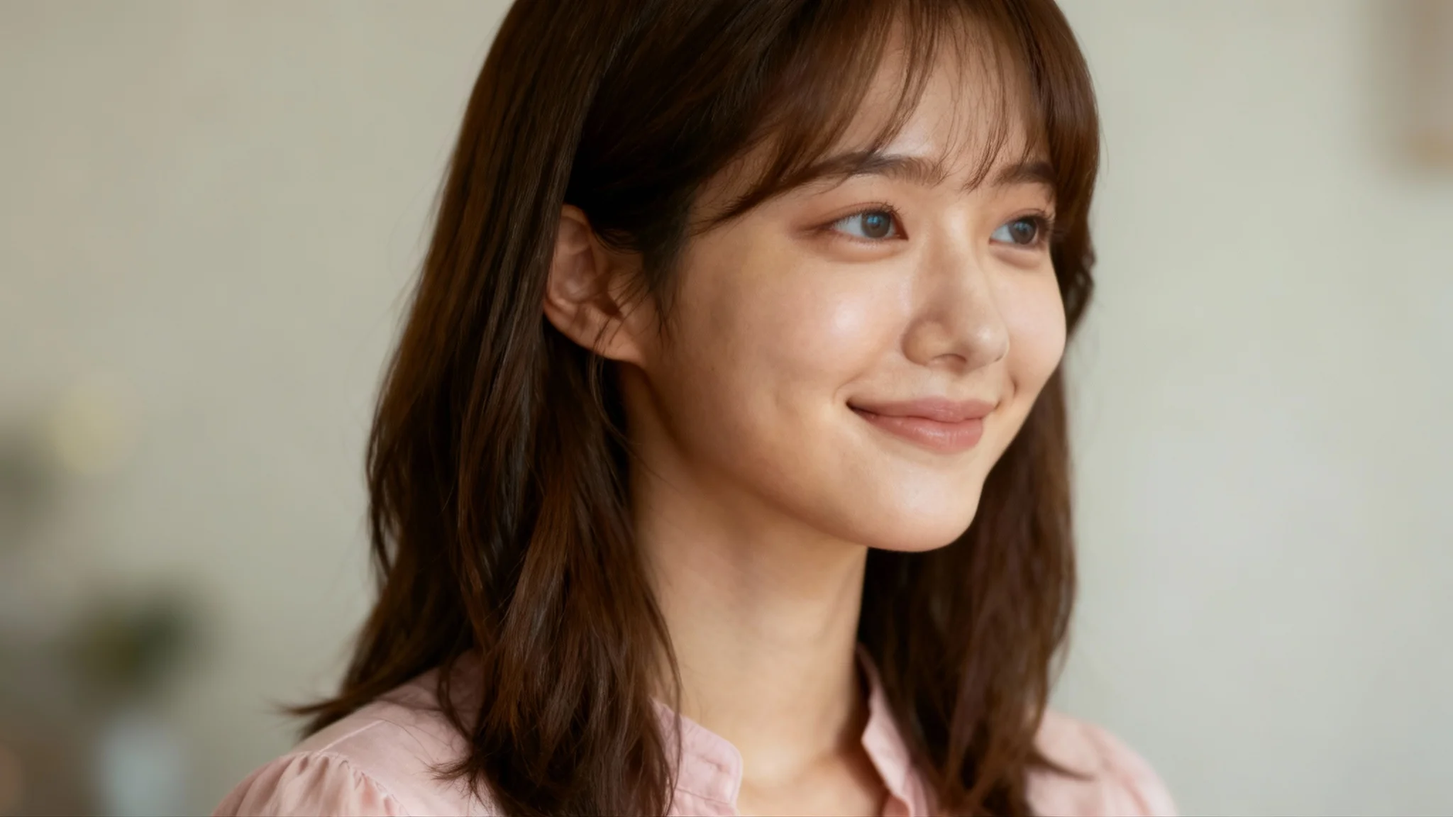 A close-up portrait of a young woman with brown hair and a pink blouse, smiling softly. Her eyes have been digitally edited to have no eyelashes, showcasing a clean, smooth look.
