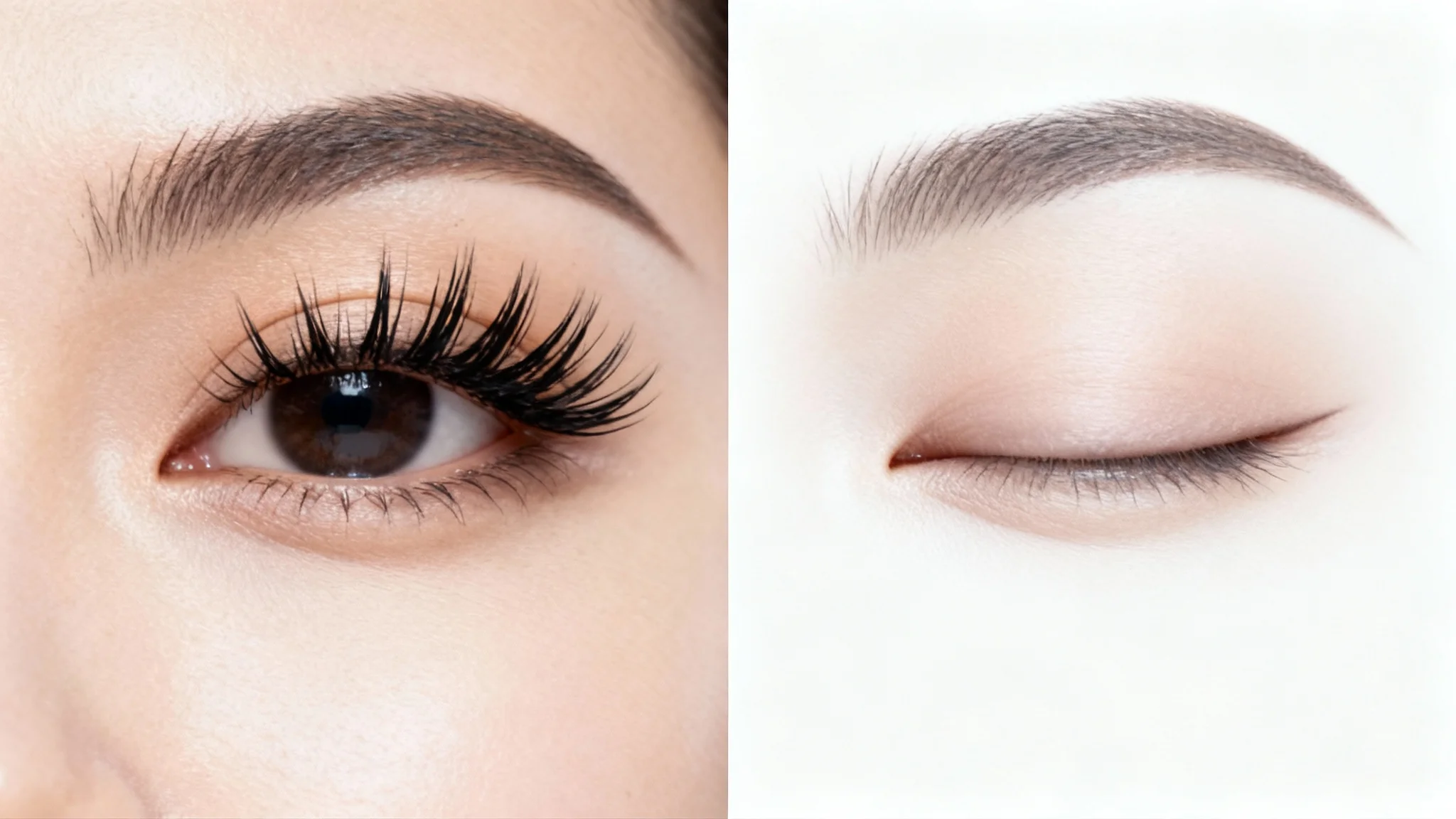 A close-up, split-screen comparison of an eye. The 'before' side on the left shows the eye with full, natural eyelashes. The 'after' side on the right shows the same eye with the eyelashes digitally removed, resulting in a smooth eyelid.