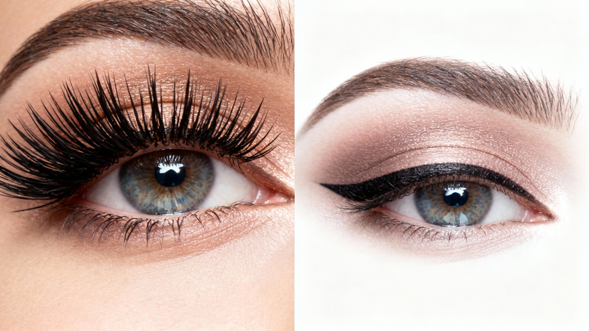 A before-and-after image demonstrating eyelash removal. The left side shows a close-up of an eye with long, dramatic eyelashes. The right side shows the same eye with the eyelashes cleanly removed, leaving the other makeup untouched.
