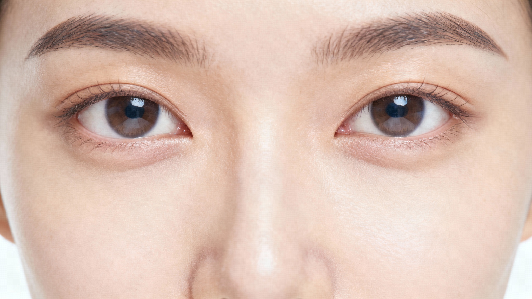 A photorealistic close-up of a woman's eye area, showing her face without any eyelashes on the upper or lower lids, against a stark white background.