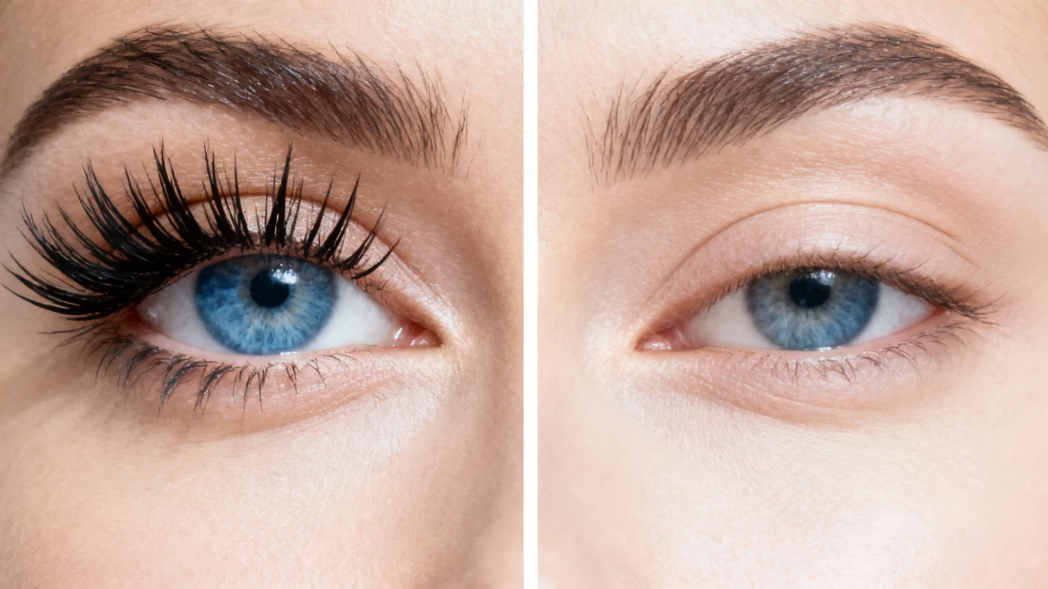A before-and-after comparison image. The left panel shows a close-up of an eye with long false eyelashes. The right panel shows the same eye with the eyelashes completely removed, demonstrating a photo editing feature.