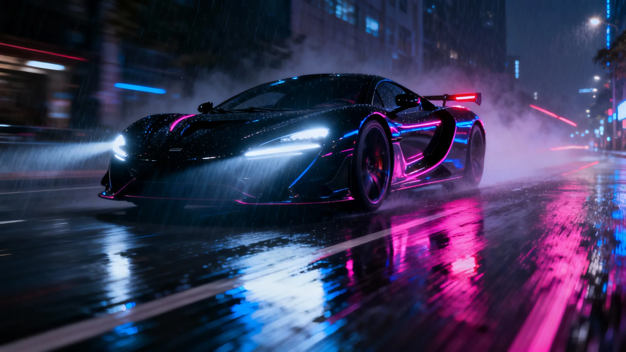 A stunning, cinematic wallpaper of a black supercar speeding through a neon-lit, rainy city at night, captured from a low angle.