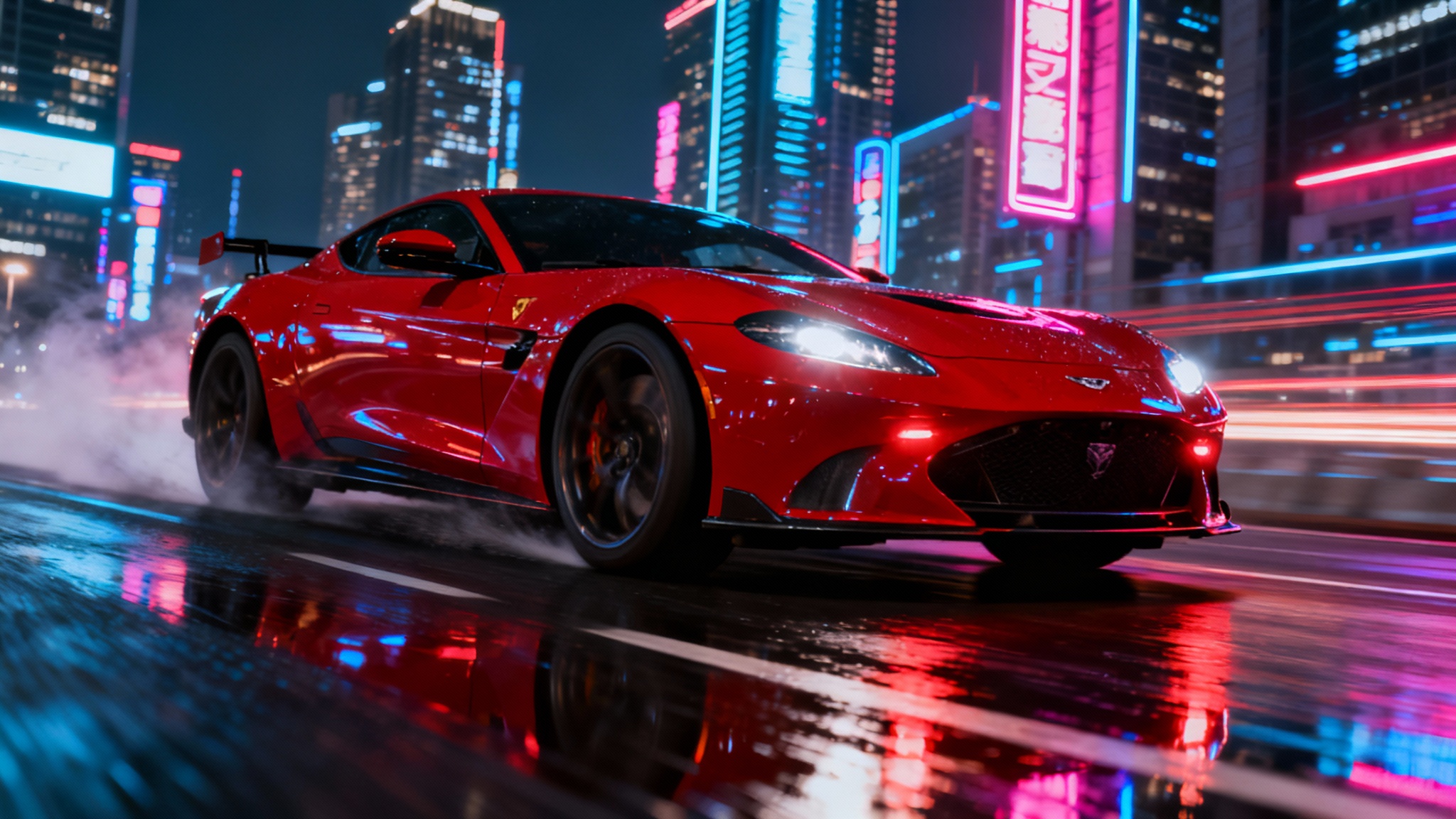 A hyper-realistic wallpaper of a cherry red supercar drifting on a wet city street at night, illuminated by neon lights.