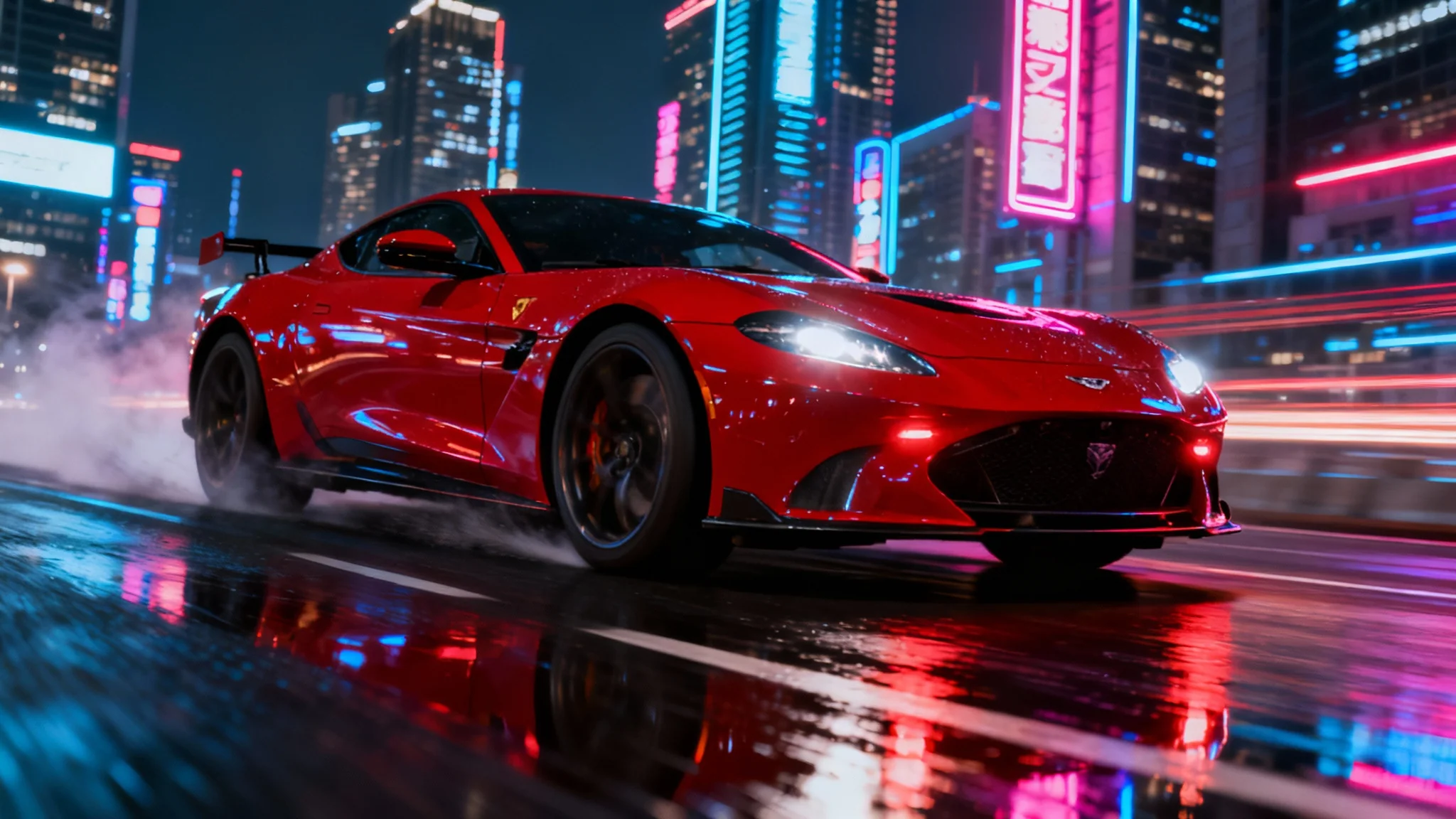 A hyper-realistic wallpaper of a cherry red supercar drifting on a wet city street at night, illuminated by neon lights.