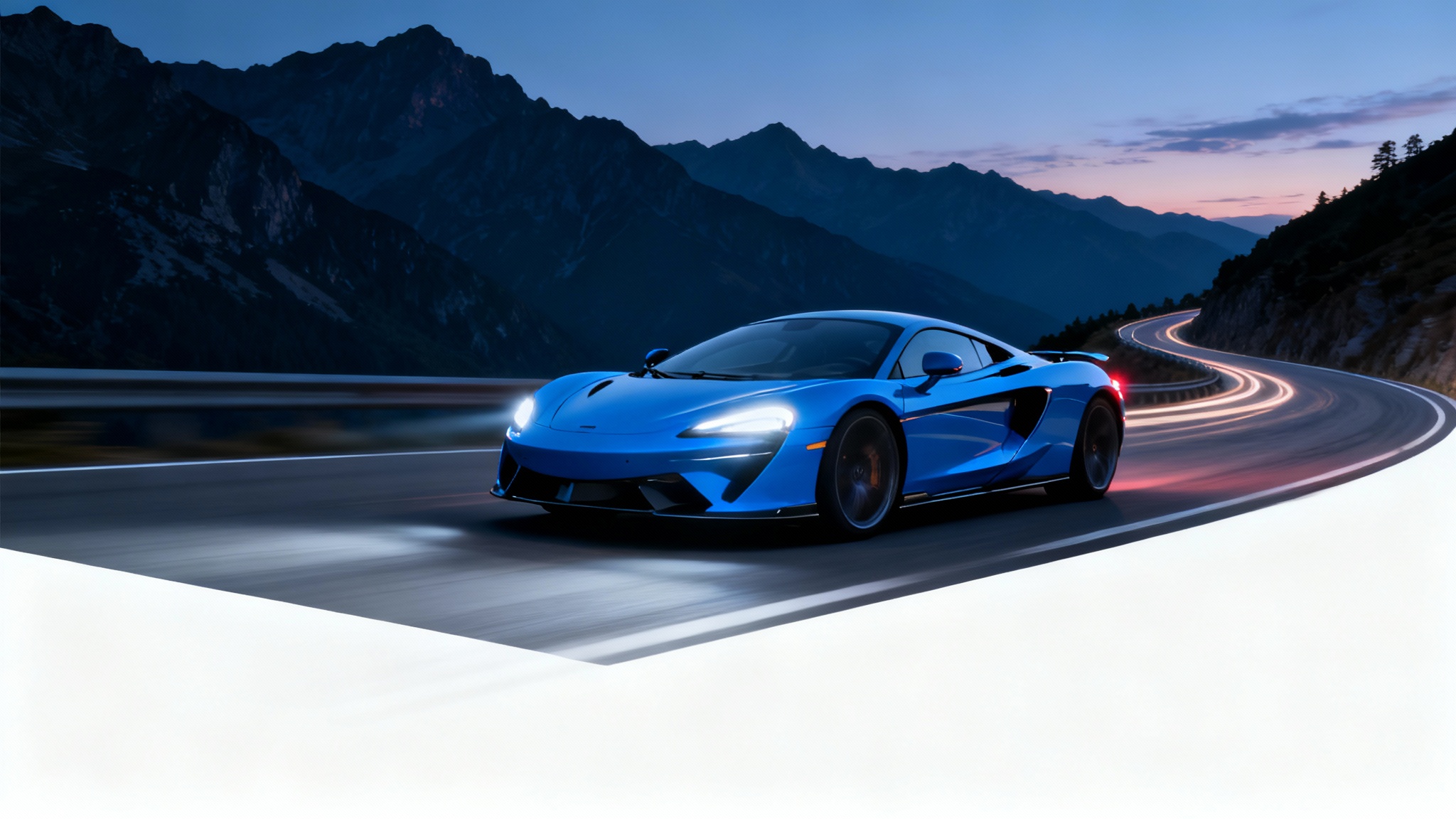 A photorealistic image of a sleek electric blue supercar in motion on a mountain road at dusk, presented as a mockup on a clean white background.