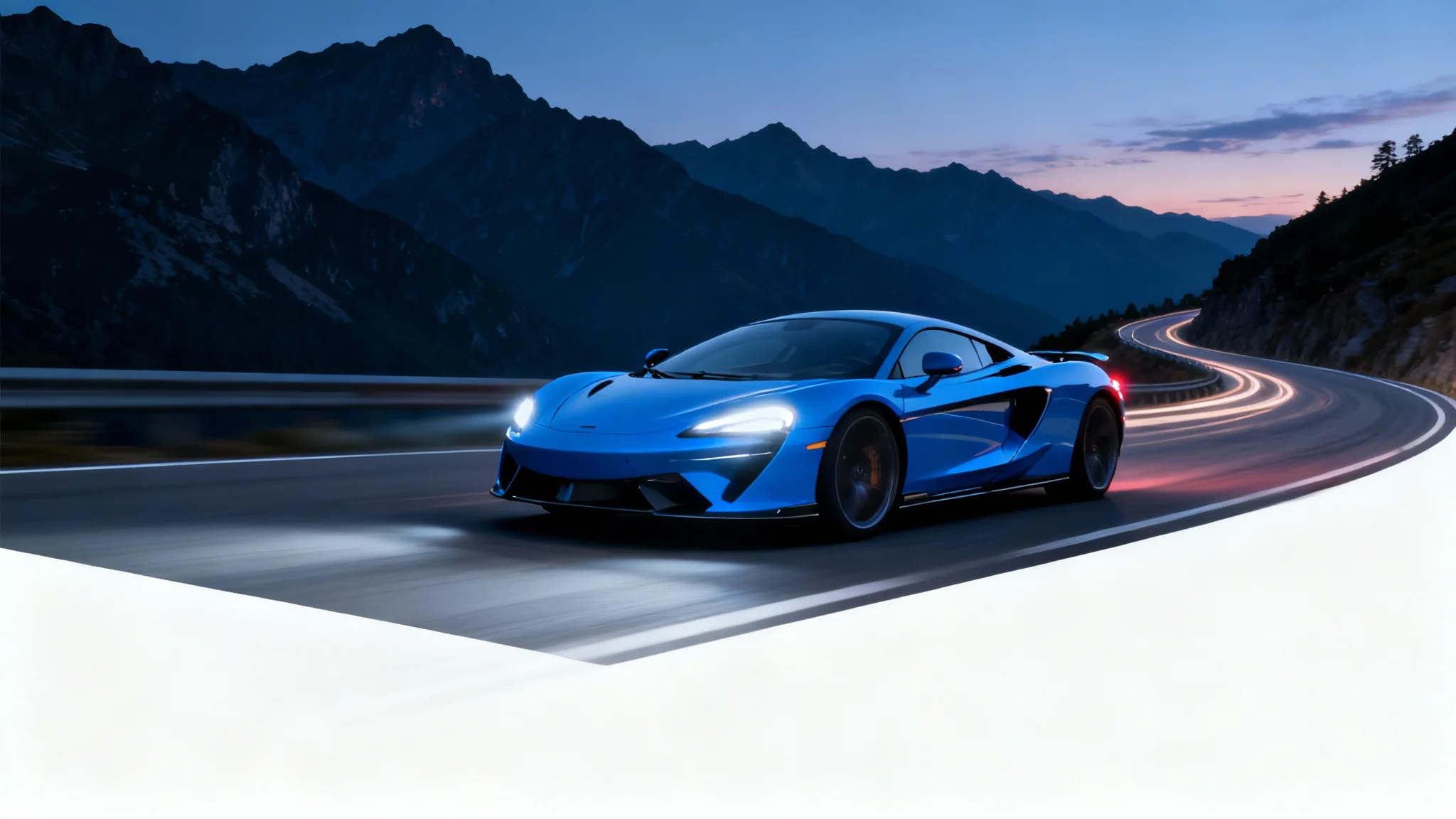 A photorealistic image of a sleek electric blue supercar in motion on a mountain road at dusk, presented as a mockup on a clean white background.