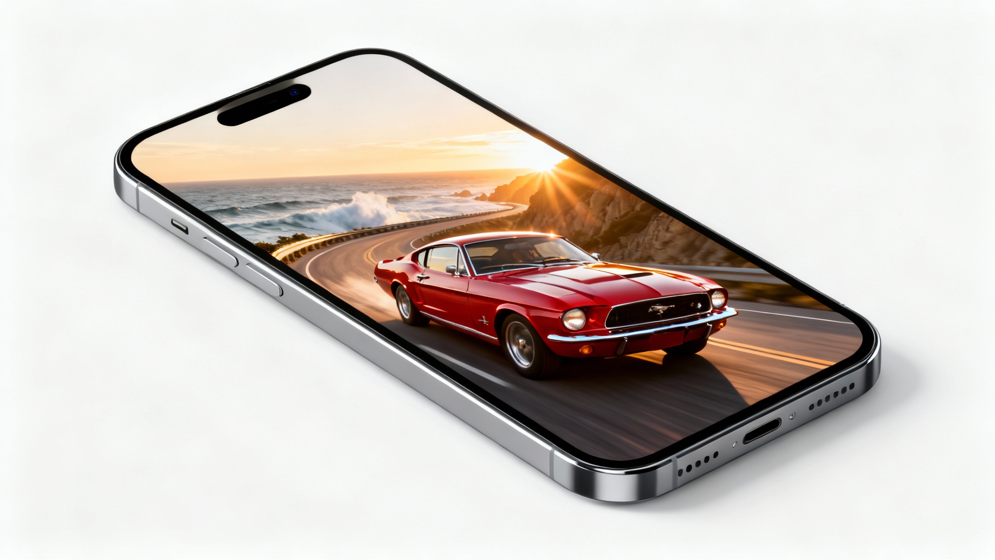 A smartphone mockup displaying a vibrant wallpaper of a red classic sports car speeding along a coastal road at sunset, set against a clean white background.