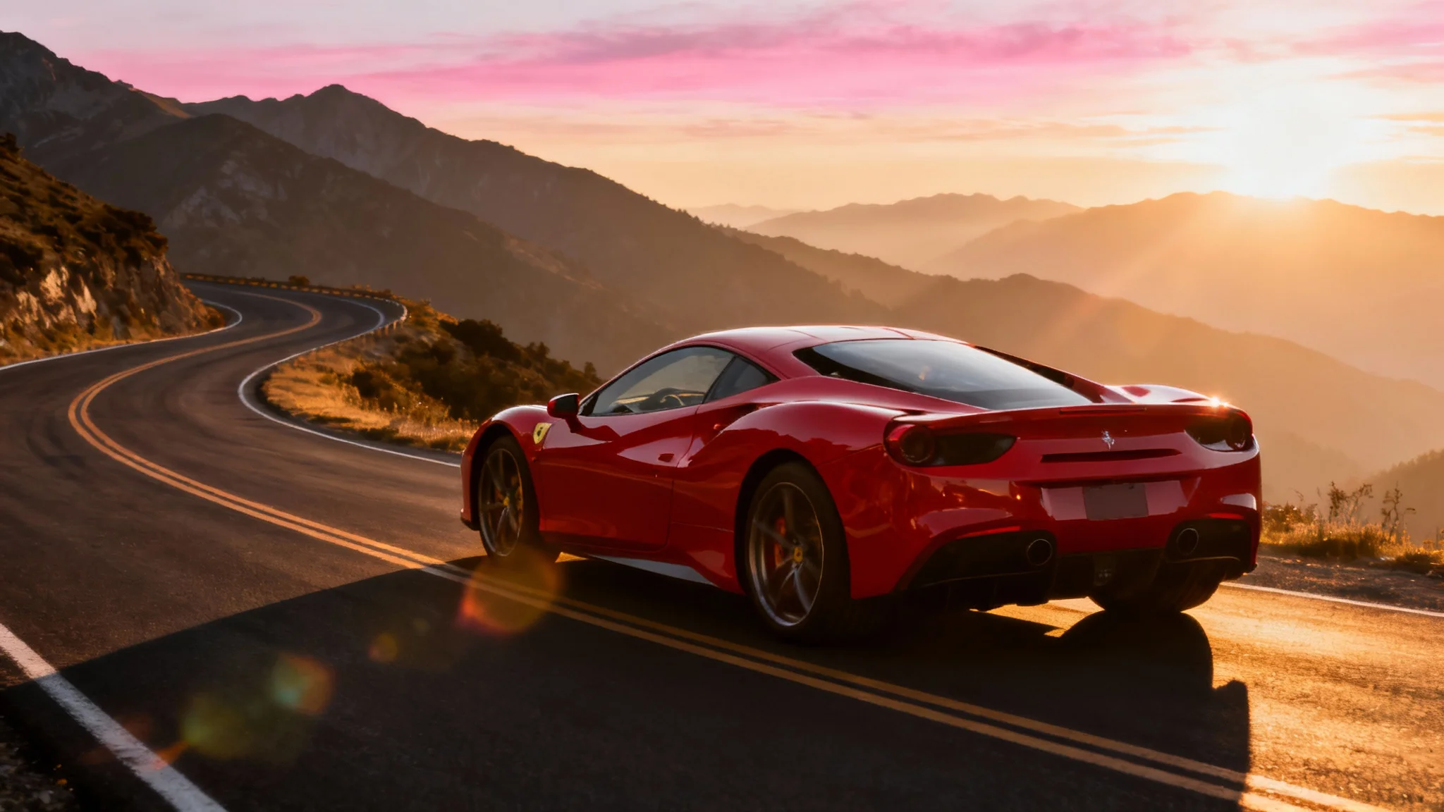 A hyper-realistic wallpaper of a shiny red sports car on a winding mountain road during a beautiful sunset, evoking a sense of luxury and adventure.