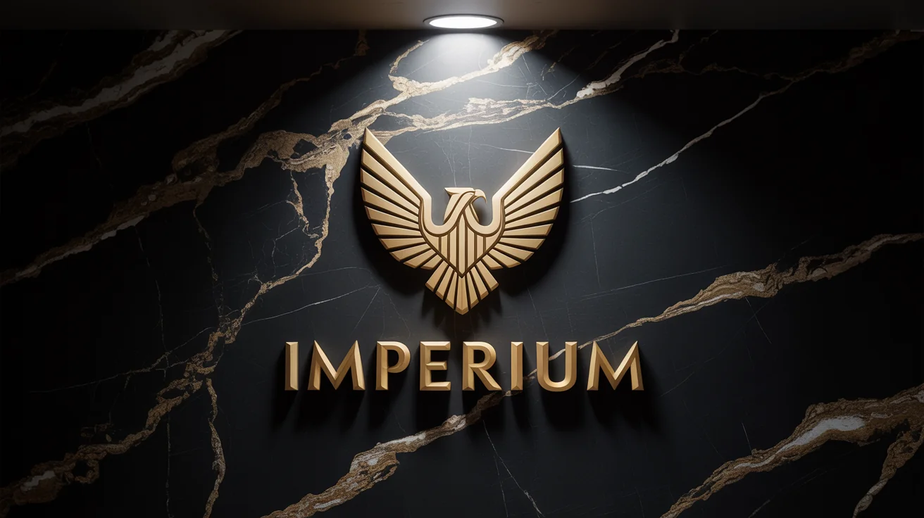 A professionally designed empire-style logo for a brand called 'IMPERIUM', featuring a golden eagle on a dark marble background, presented as a hero image.