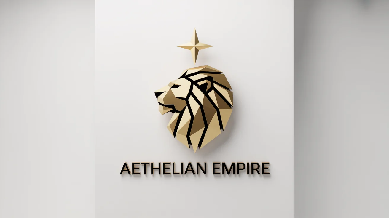 A professional logo mockup for the 'Aethelian Empire', featuring a golden geometric lion head and a star, with the empire's name in gold text below, all on a clean white background.
