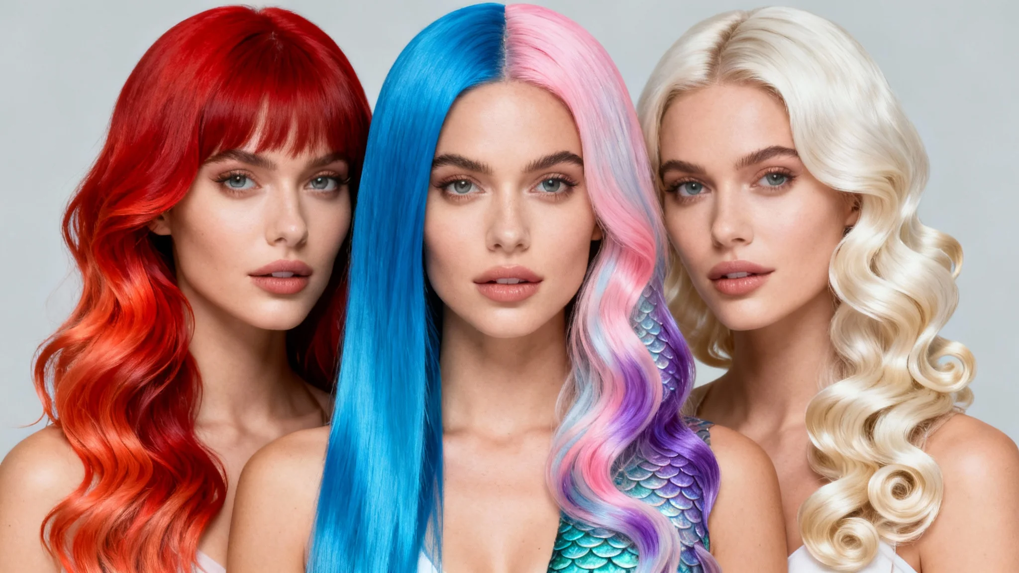 A woman's portrait where her long hair is vertically split into four different colors and styles—fiery red, electric blue, pastel mermaid, and platinum blonde—demonstrating the final results of a hair editor tool.