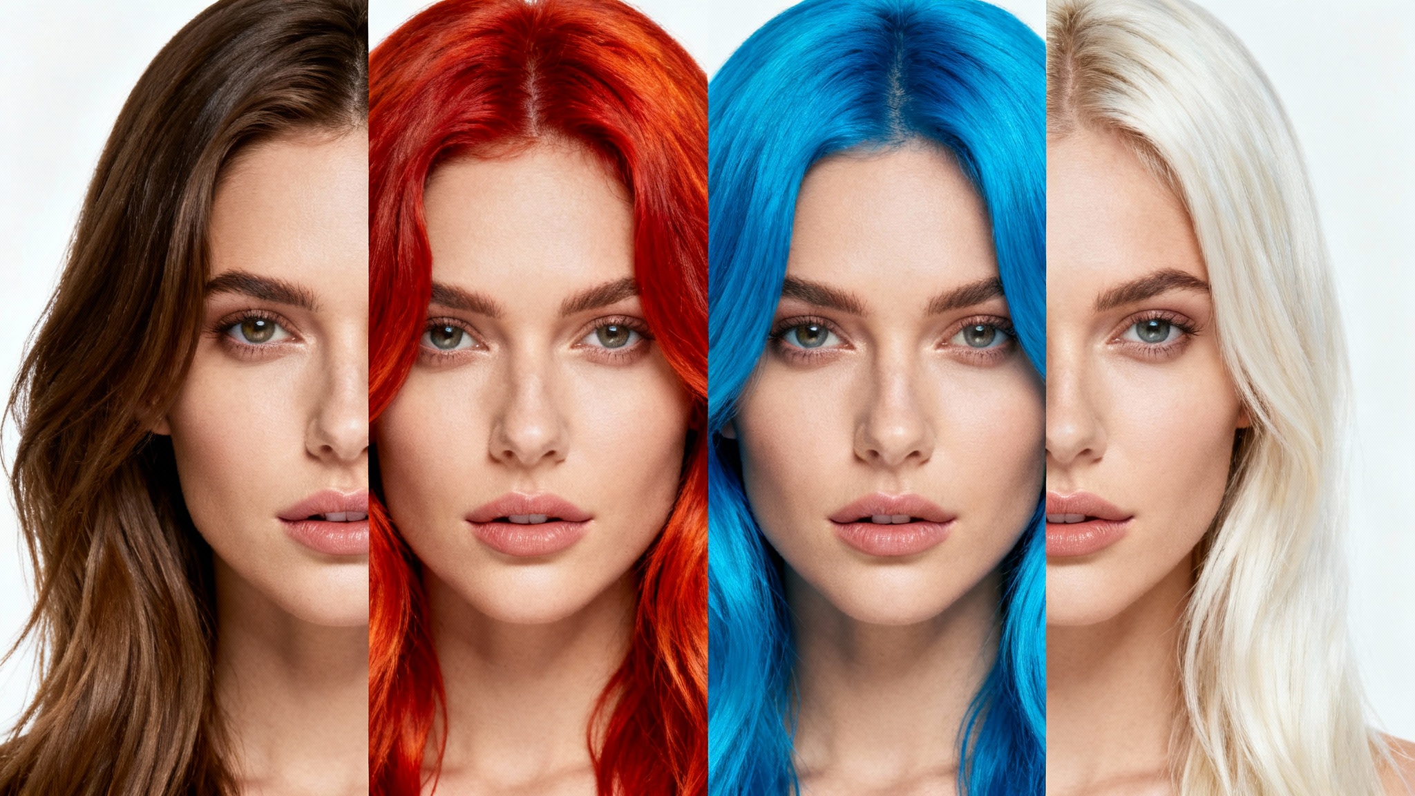 A close-up of a woman's face split into four vertical strips, each showing a different hair color, brunette, red, blue, and blonde to represent a hair editor tool.