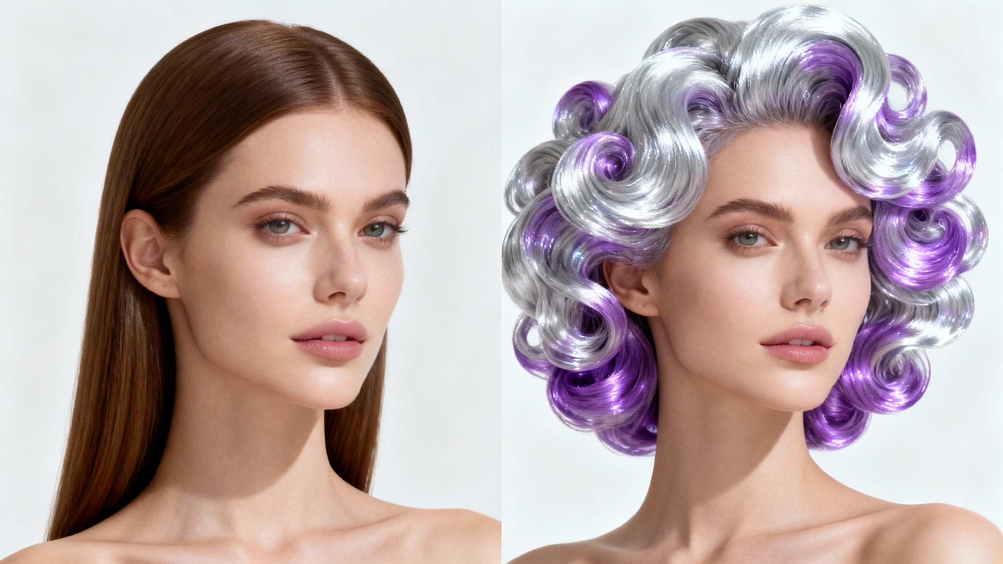 A comparative image showing a woman's hair before and after. On the left, she has long brown hair, and on the right, her hair has been edited to be a curly, voluminous, silver-lavender style.