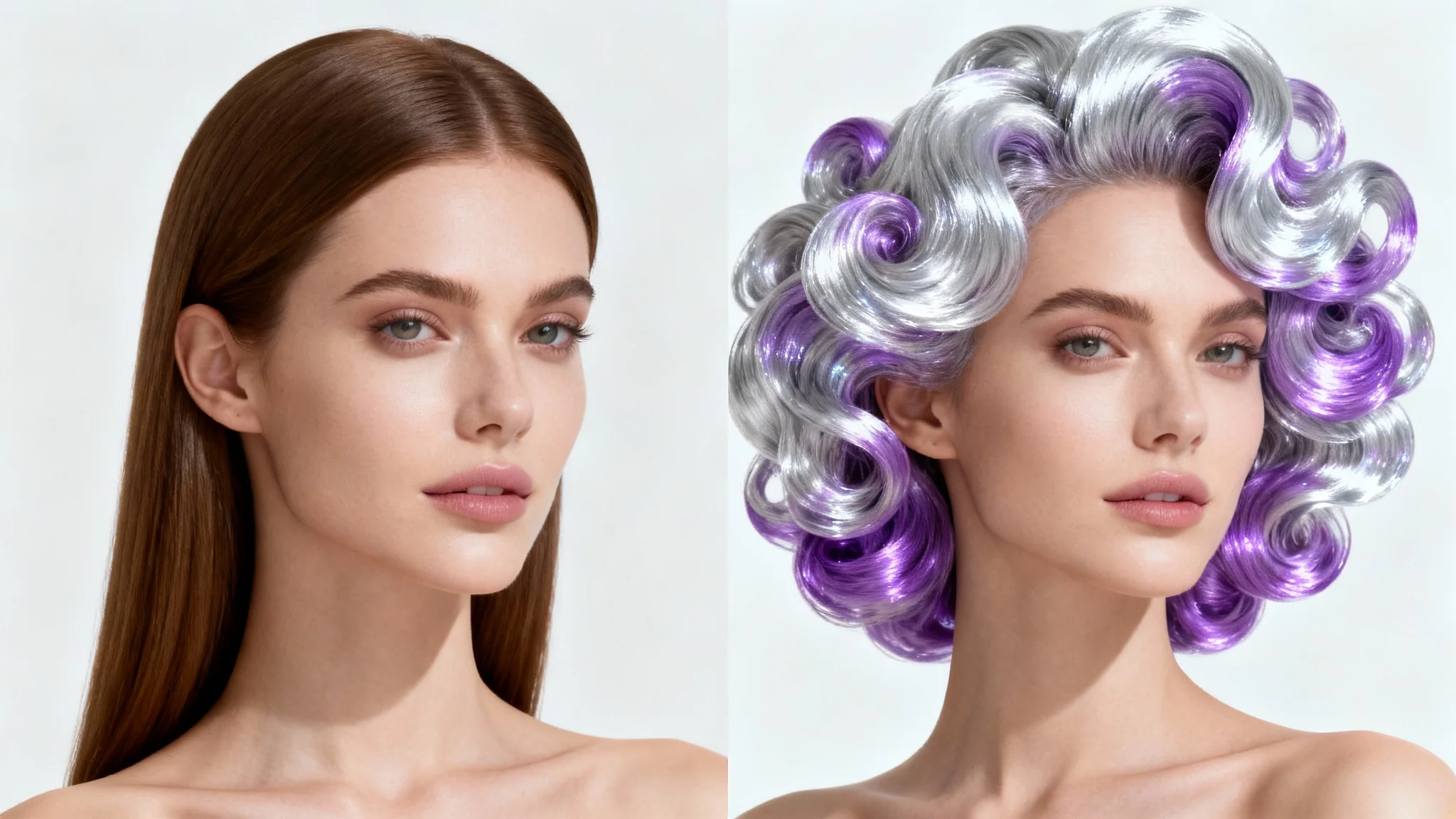 A comparative image showing a woman's hair before and after. On the left, she has long brown hair, and on the right, her hair has been edited to be a curly, voluminous, silver-lavender style.
