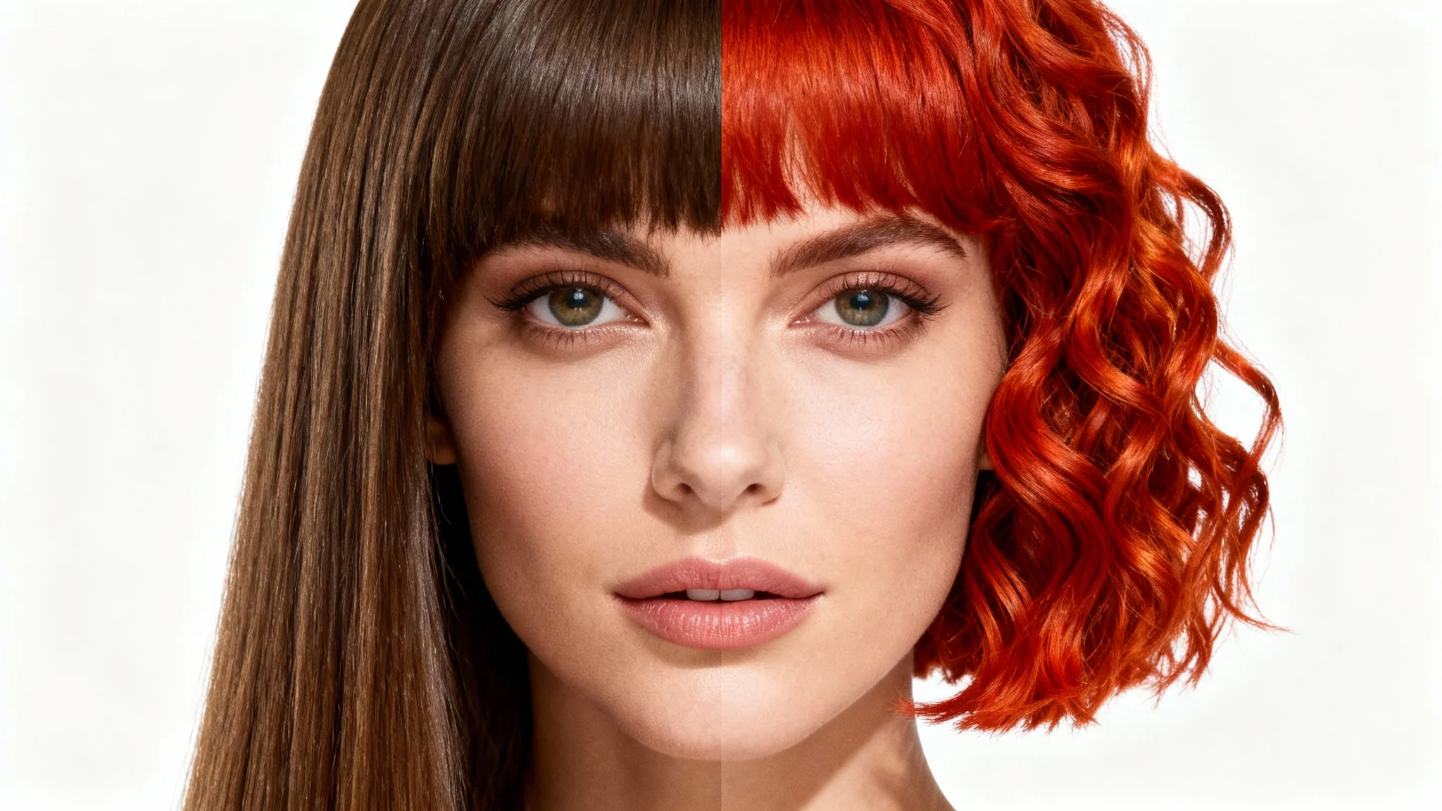 A split-screen style portrait of a woman demonstrating a hair editor. The left half shows her with long, straight brown hair, while the right half shows her with a short, curly, vibrant red hairstyle, all against a plain white background.