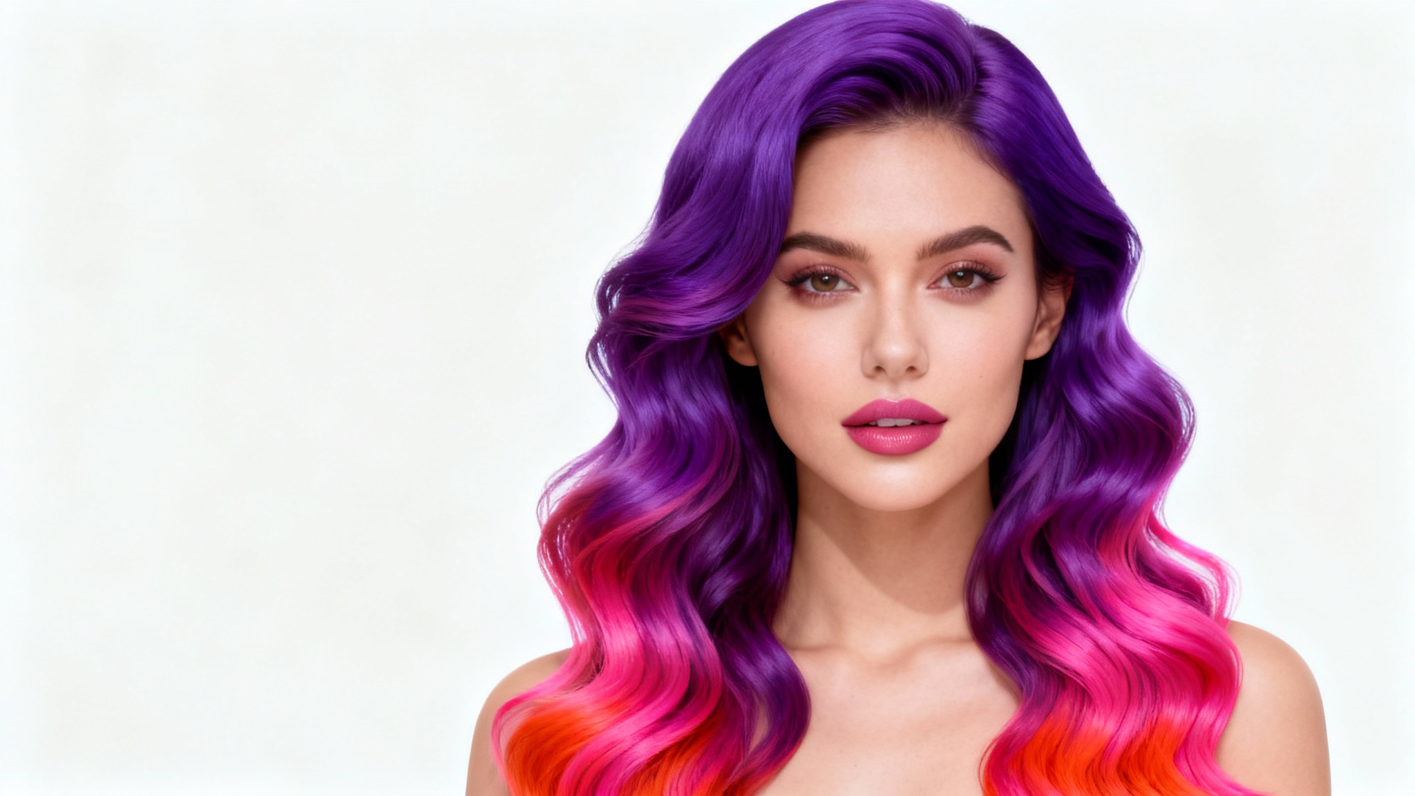 A close-up portrait of a woman with beautifully styled, wavy hair that has a vibrant purple-to-pink color gradient, set against a plain white background, illustrating a hair editor's capability.