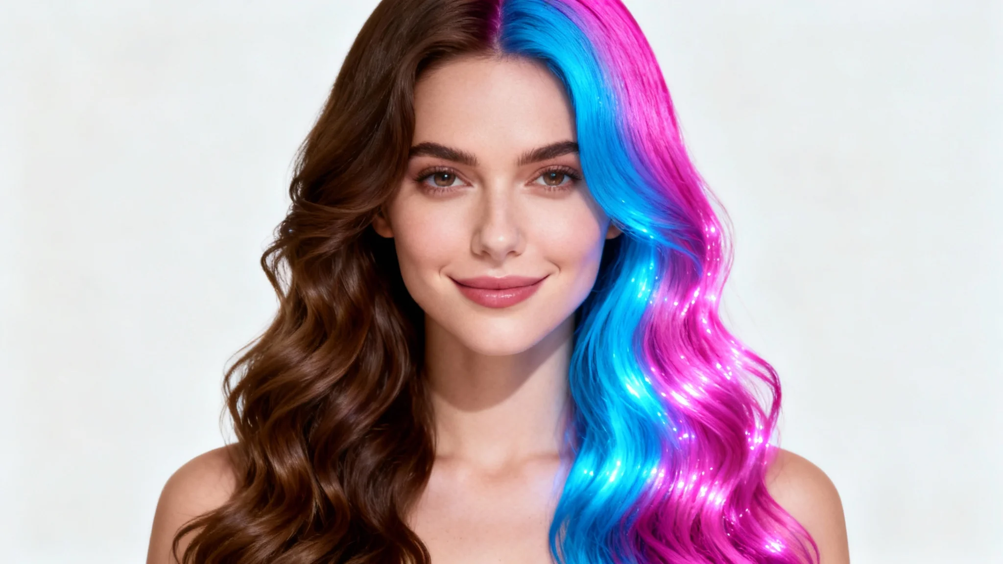 A photorealistic portrait of a woman whose long, wavy hair is split into two styles: one side is natural brown, and the other is a vibrant, glowing magenta and blue, demonstrating a hair editing effect.