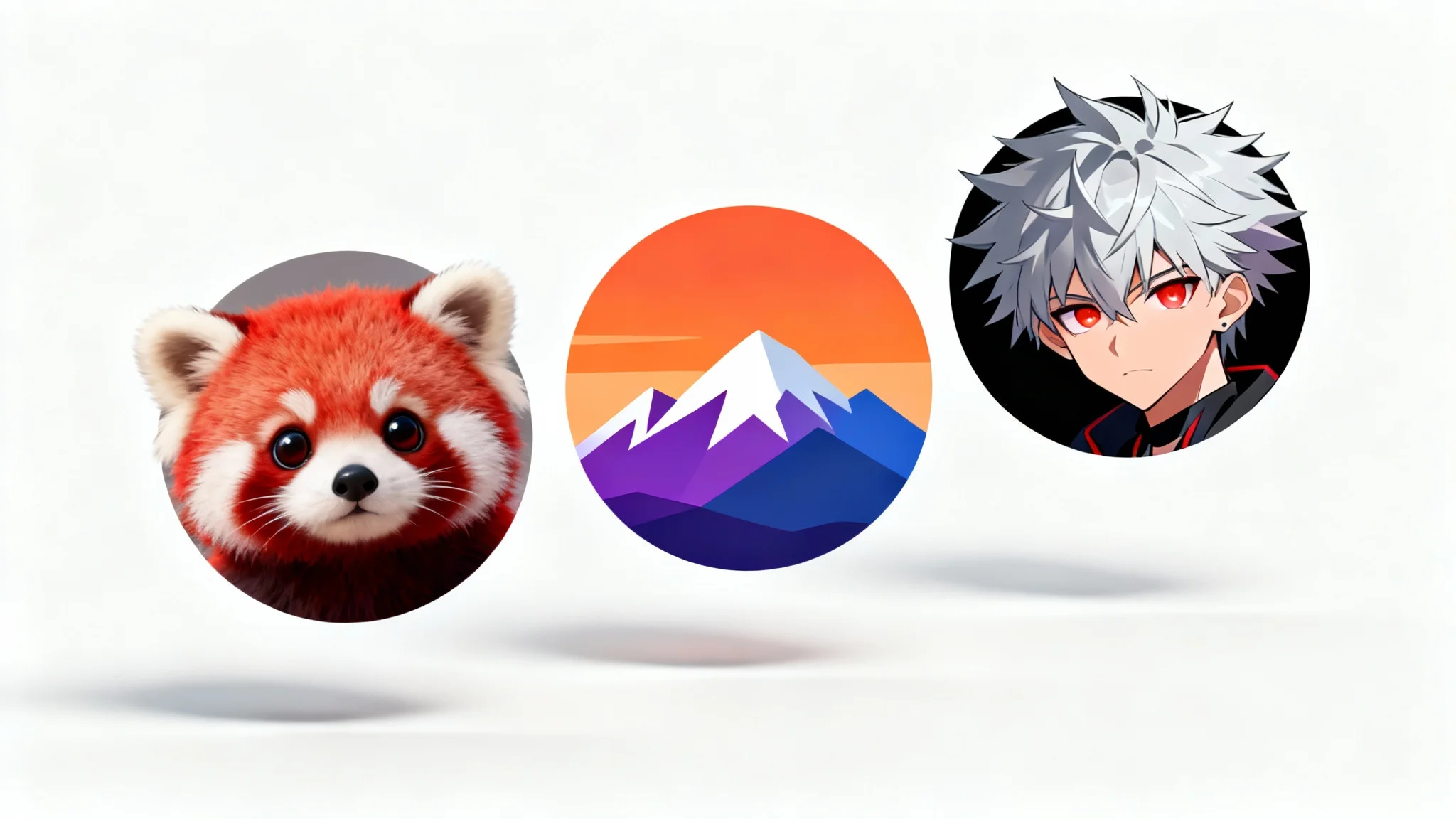 A showcase of three different circular Discord avatars against a white background: a realistic red panda, a minimalist sunset landscape, and an anime character.