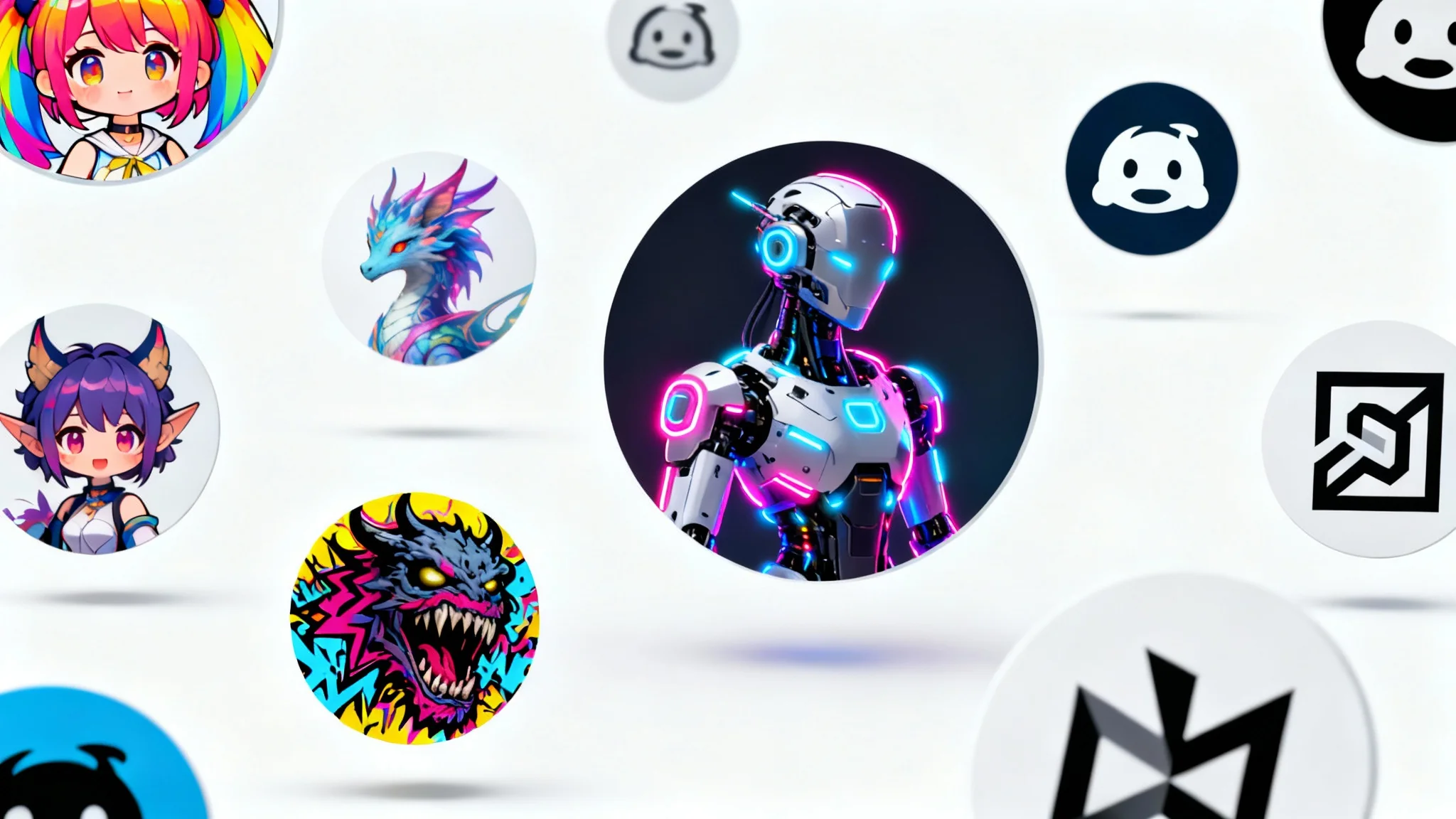 A collection of diverse, circular Discord avatars displayed against a white background, showcasing various styles including anime, futuristic cyborgs, and abstract art.