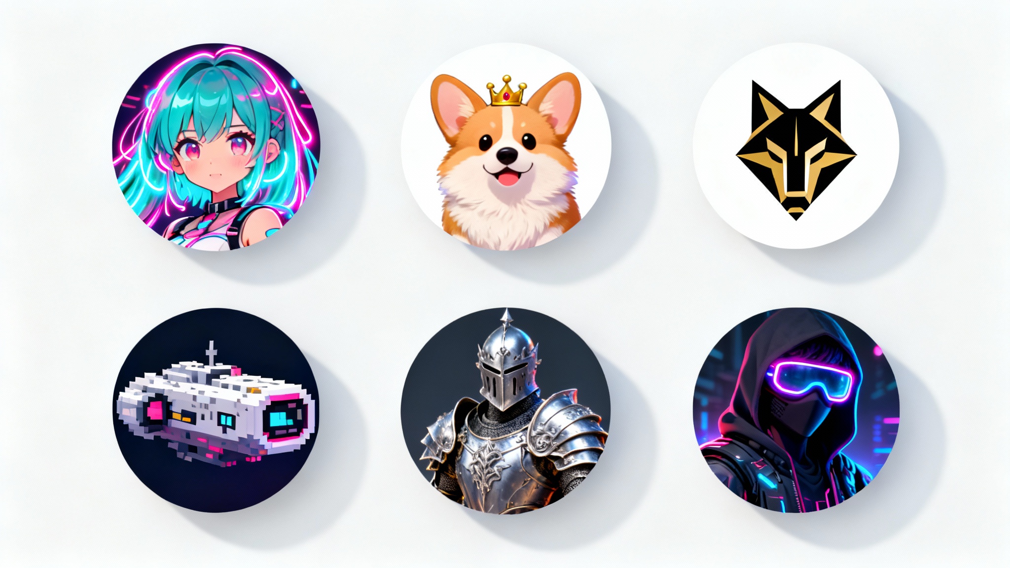 A collection of six diverse, circular Discord avatars displayed in a grid on a white background, showcasing styles like anime, cartoon, pixel art, and fantasy.