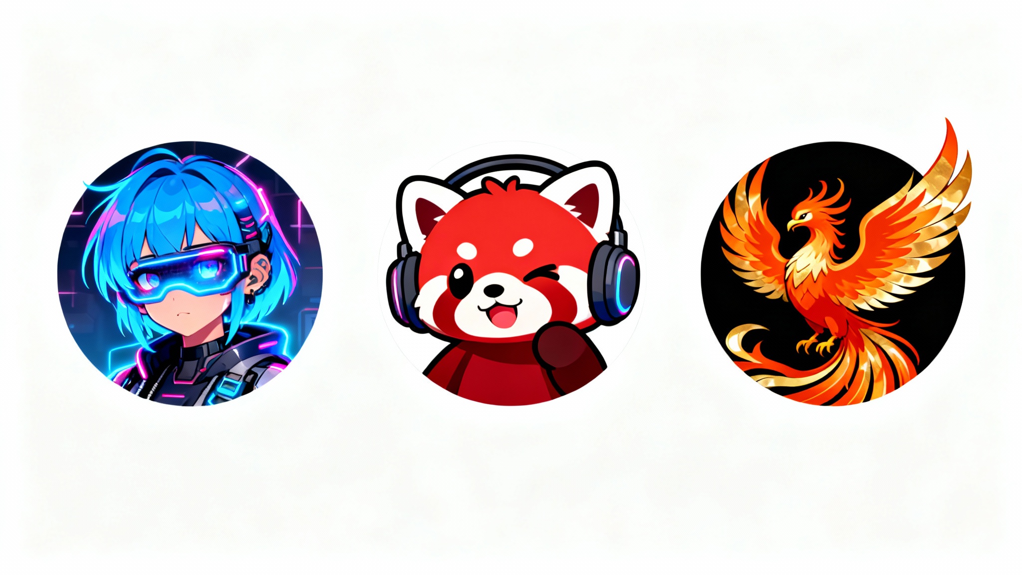 A showcase of three different circular Discord avatars: one of a cyberpunk anime character, one of a cute red panda, and one of a minimalist phoenix.