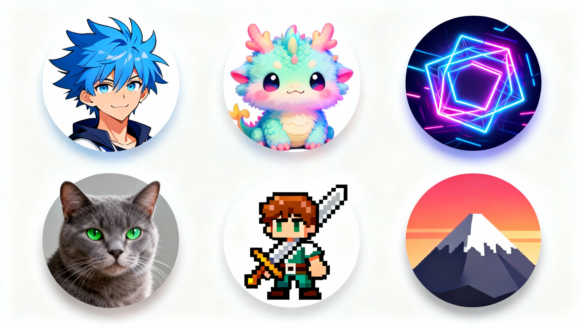 A collection of six diverse, circular Discord avatars arranged on a white background. The avatars feature various styles, including anime, a chibi dragon, a neon pattern, a realistic cat, a pixel art hero, and a minimalist mountain graphic.