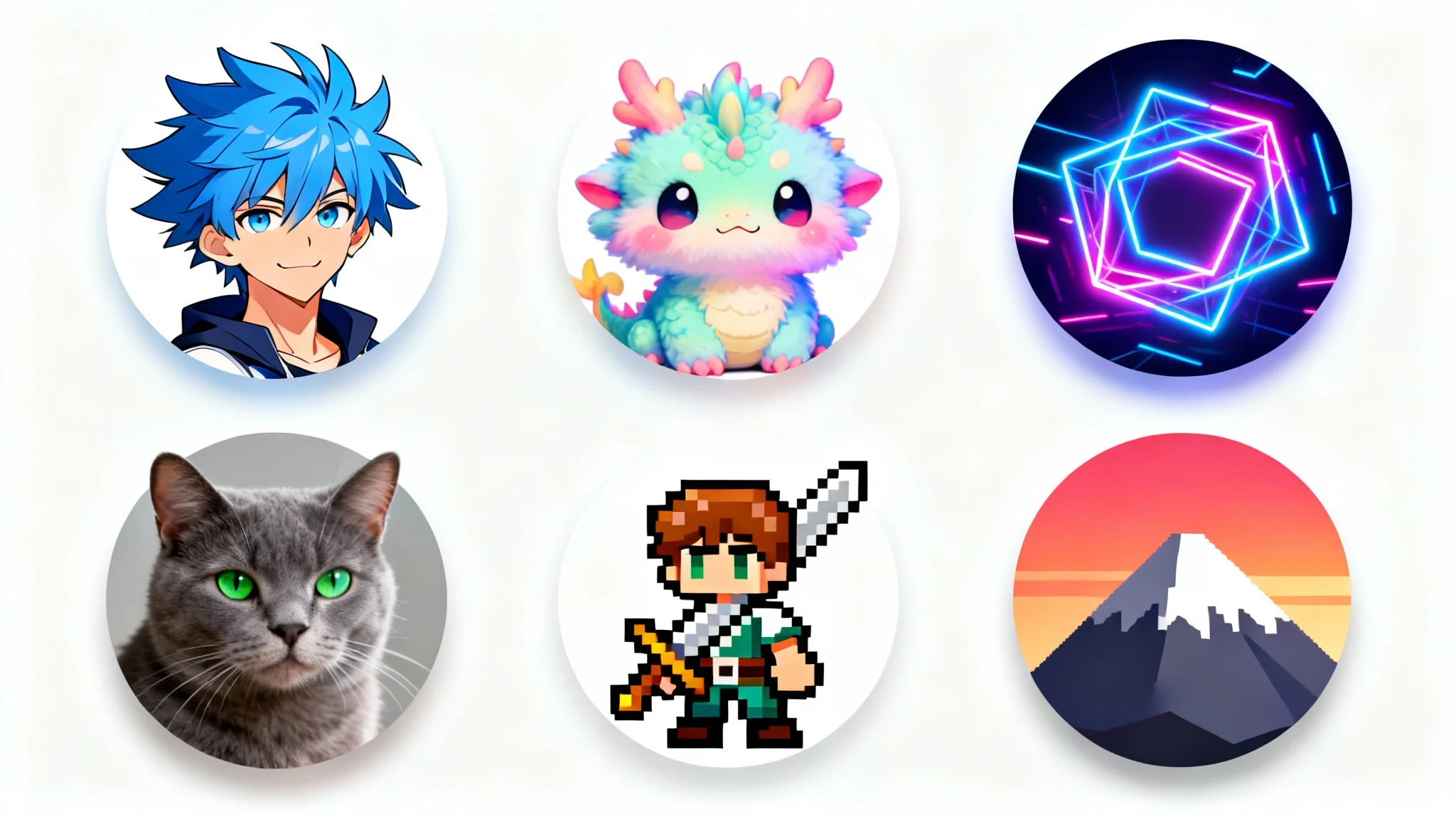 A collection of six diverse, circular Discord avatars arranged on a white background. The avatars feature various styles, including anime, a chibi dragon, a neon pattern, a realistic cat, a pixel art hero, and a minimalist mountain graphic.